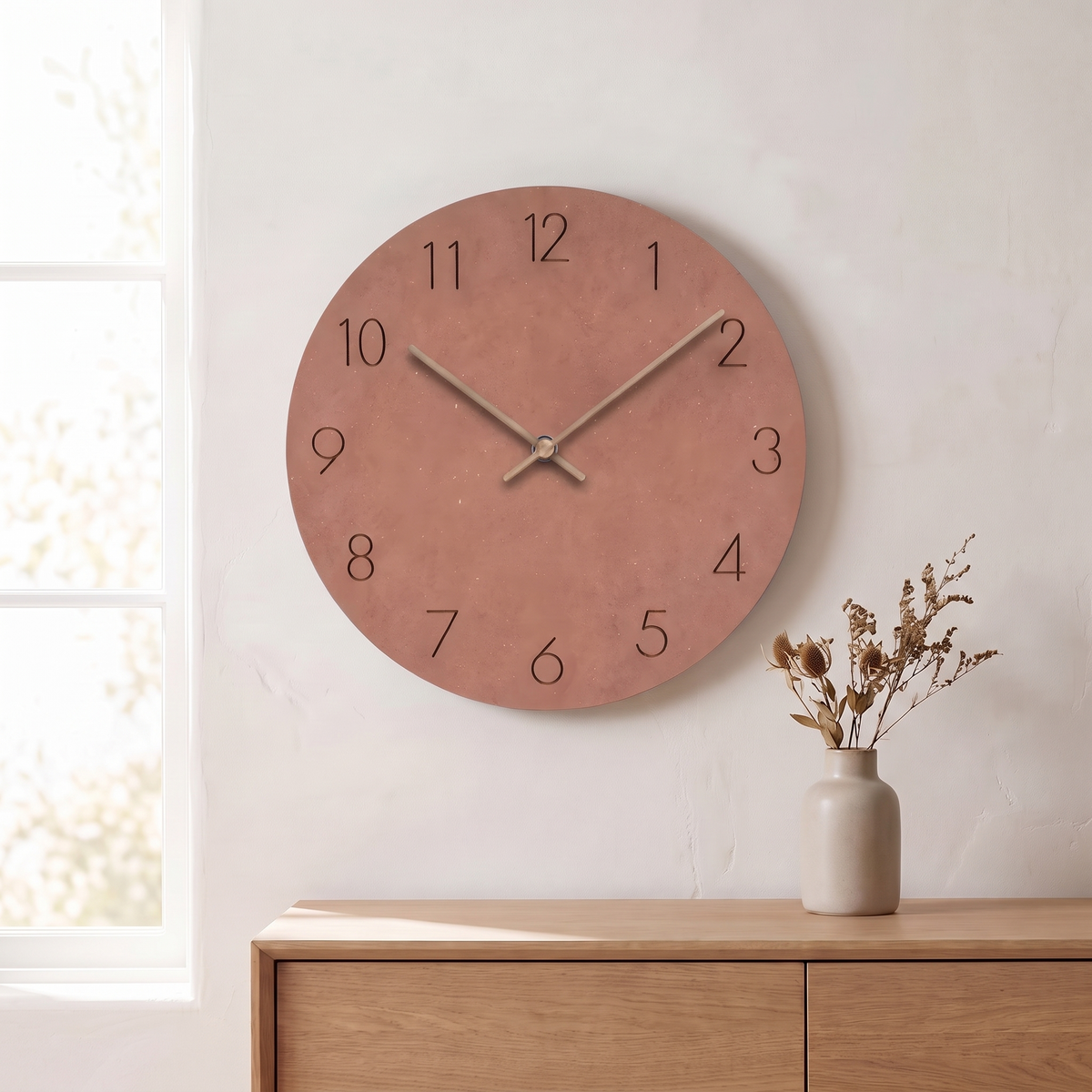 Sten wall clock with a terracotta dial on a plaster wall