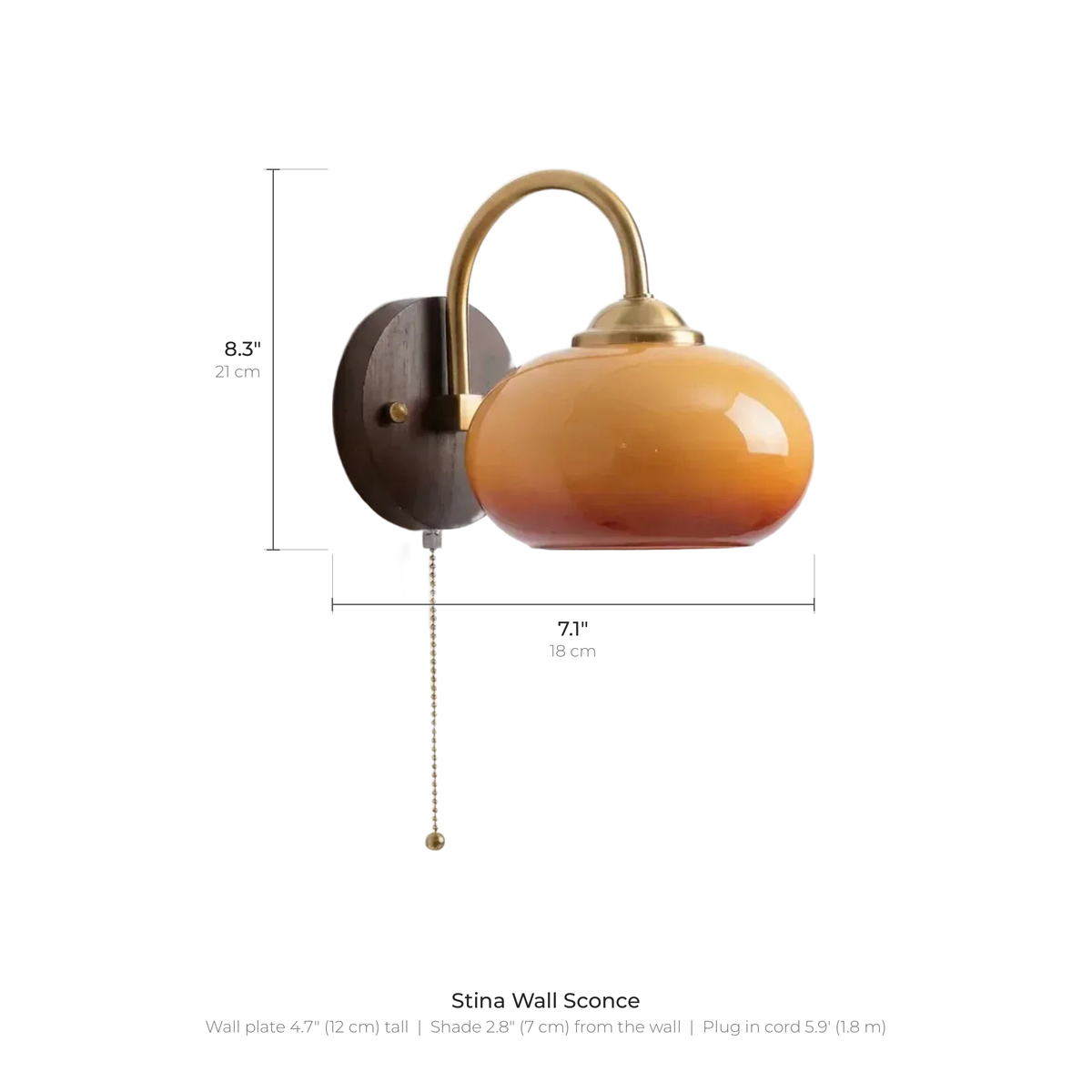 Stina wall sconce dimensions: 8.3 inches (21 cm) tall and 7.1 inches (18 cm) wide