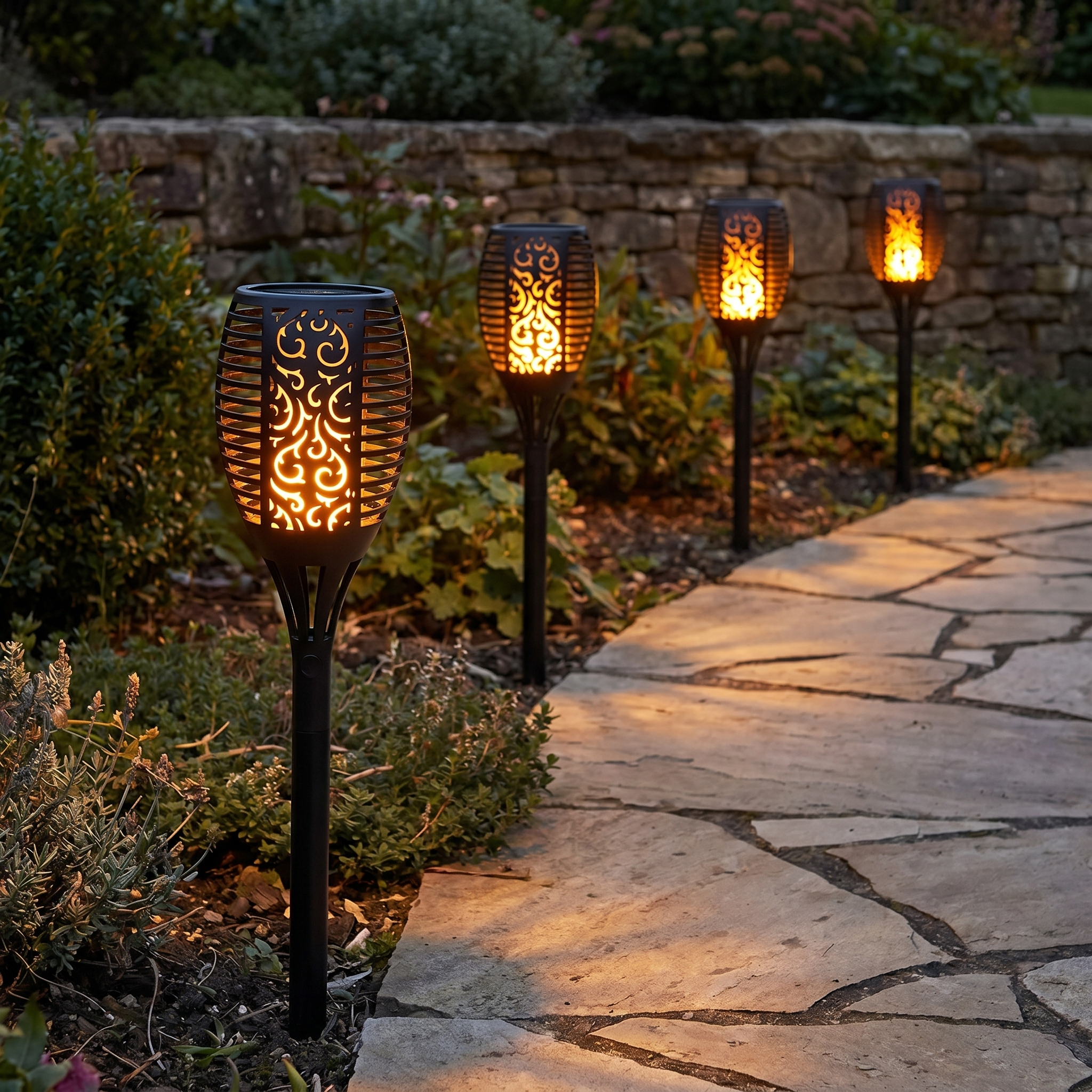 Solar Torch Light, Flickering LED, IP65 Waterproof, Small to Large, Pack of 2