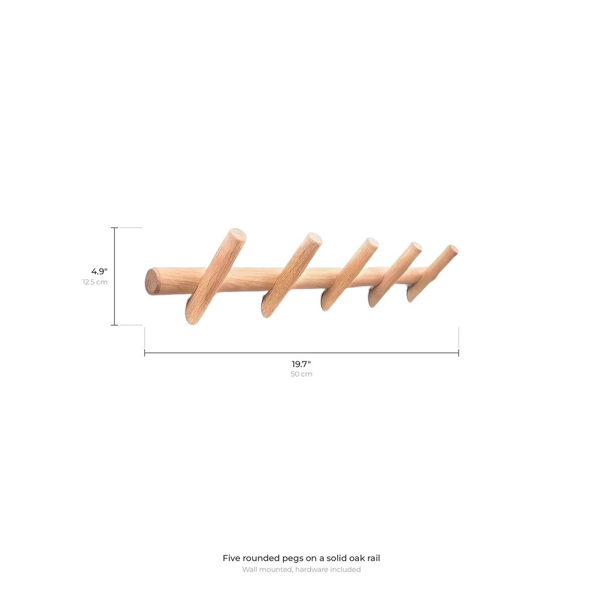 Stord oak peg rack dimensions: 19.7 inches wide, 4.9 inches tall