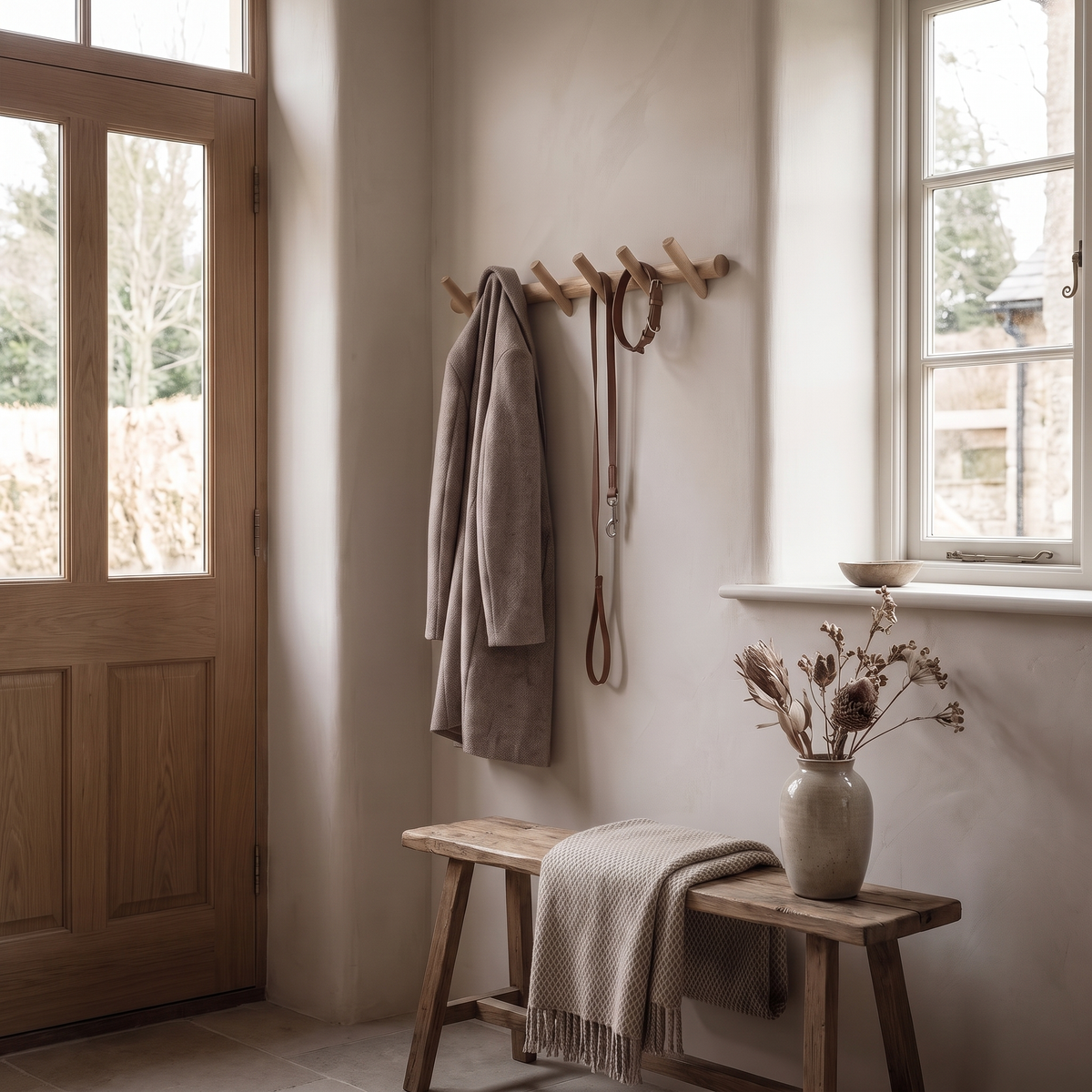 Stord oak peg rack beside a front door with a coat and a dog lead