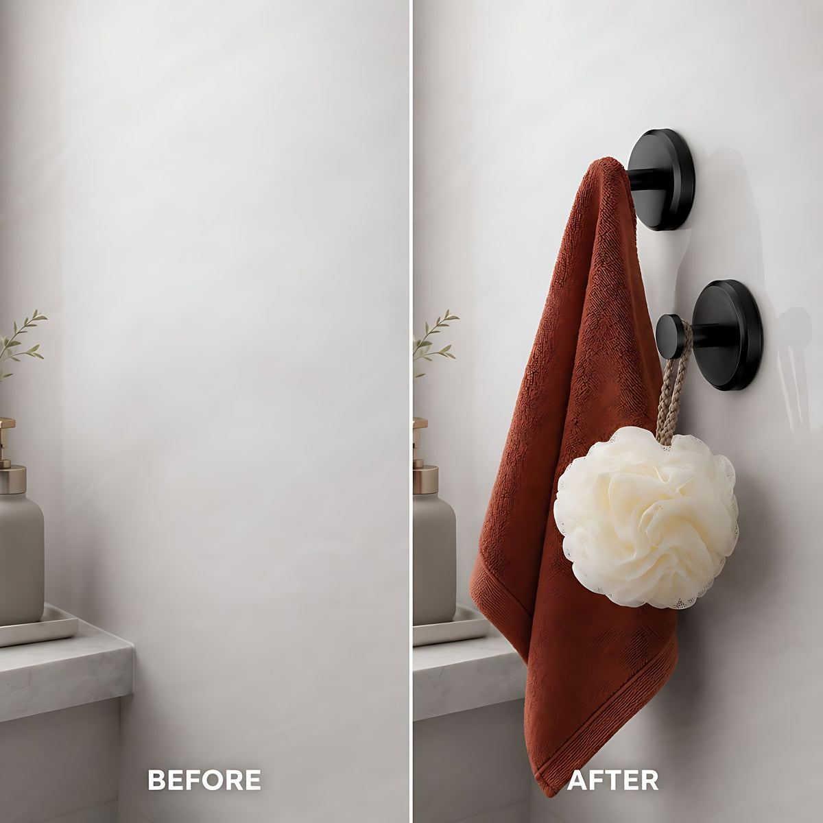 Before and after a suction wall hook goes up on a bathroom wall