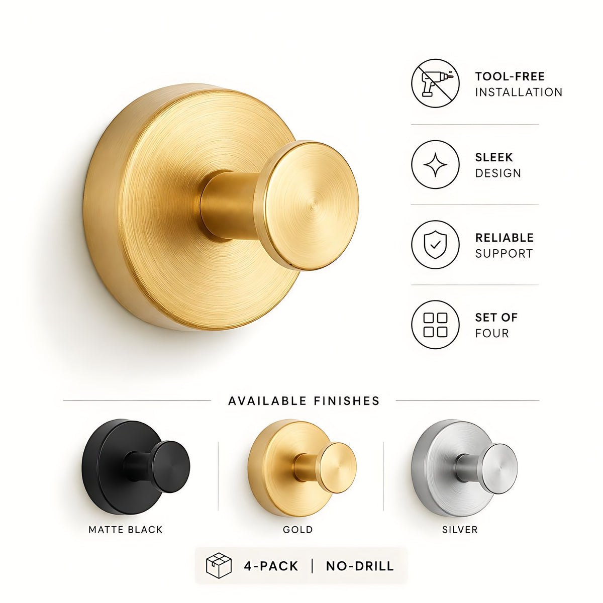 Gold suction wall hook with tool free installation and four pack callouts