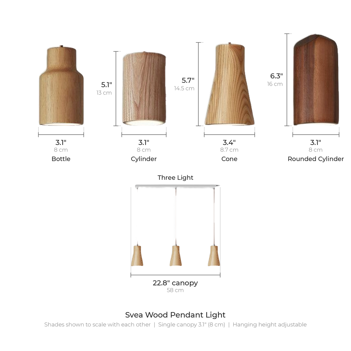 Svea wood pendant light sizes: four shade shapes to scale and the 22.8 inch three light canopy