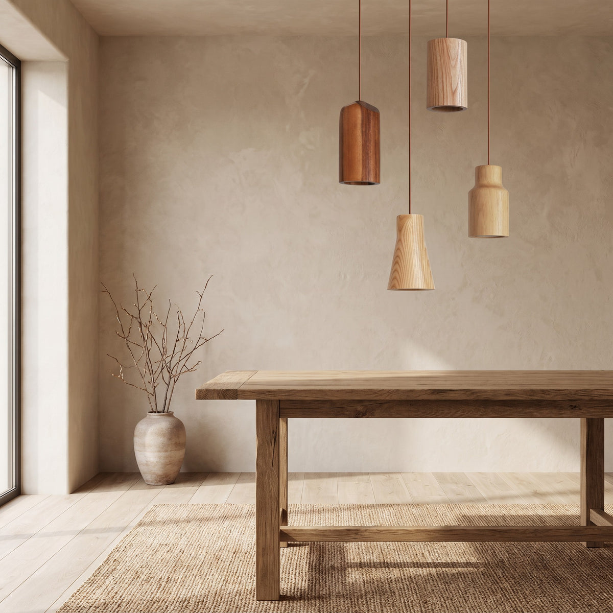 Svea wood pendant lights in four shade shapes hanging in a dining room