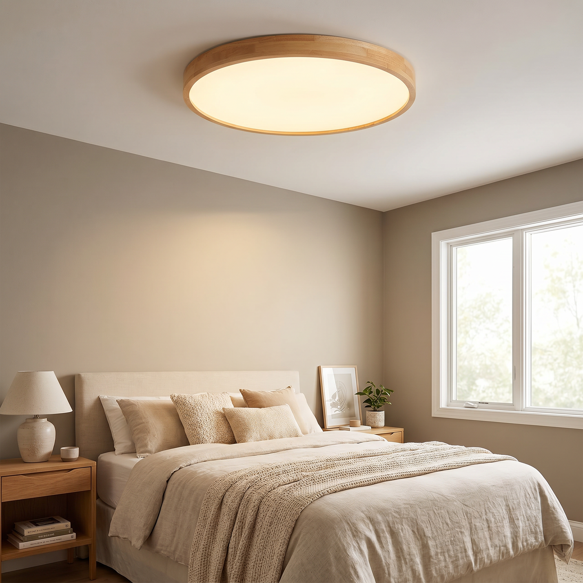 Solid Wood Round Flush Mount Ceiling Light, LED