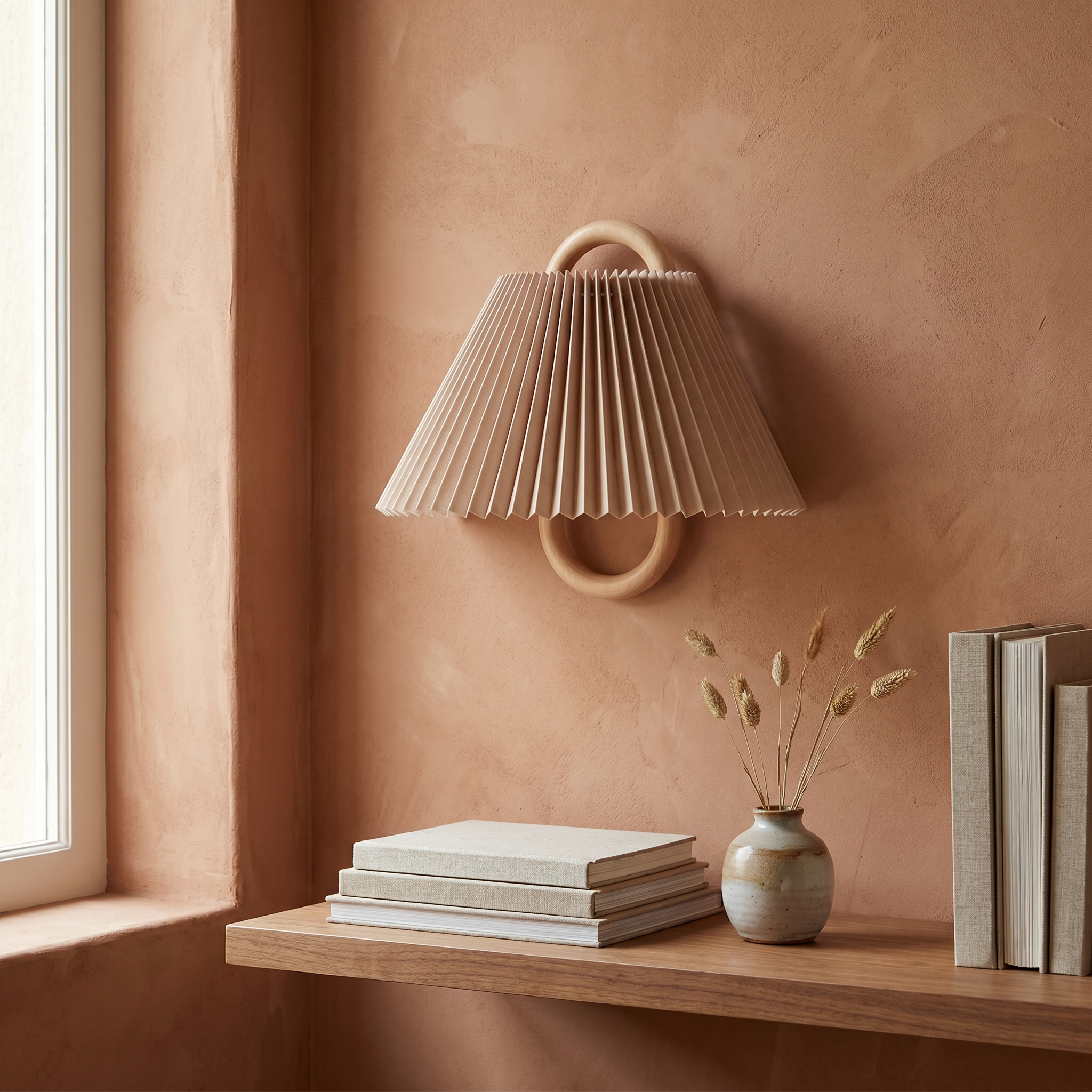 Semi-Circle Wall Sconce, Solid Wood, Fabric Shade, Plug-in or Hardwired
