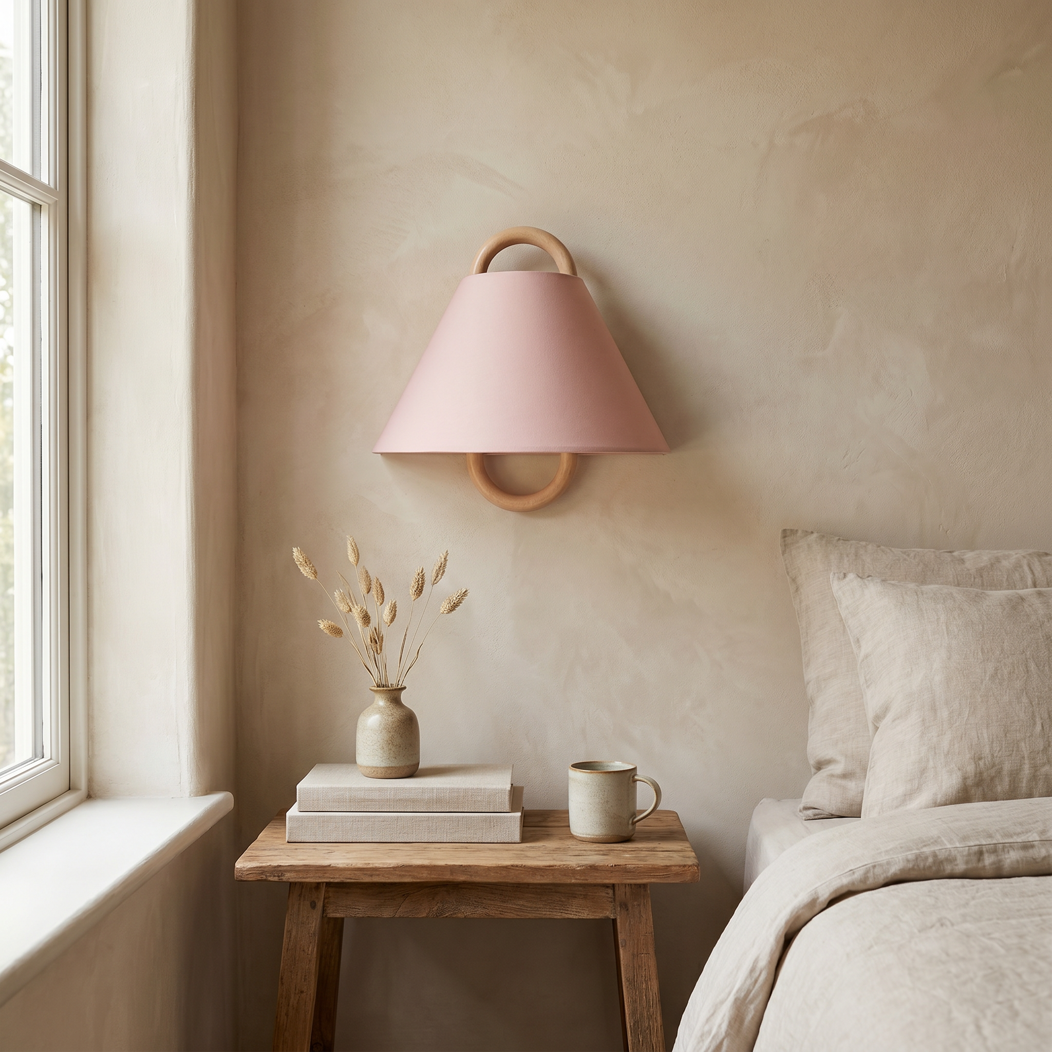 Semi-Circle Wall Sconce, Solid Wood, Fabric Shade, Plug-in or Hardwired