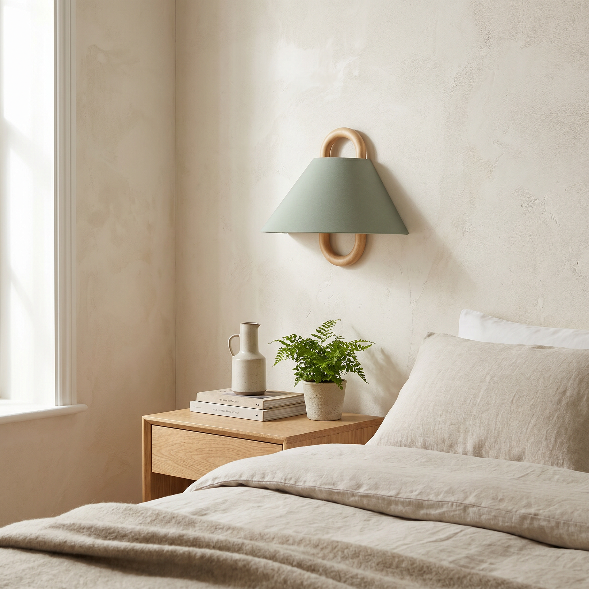 Semi-Circle Wall Sconce, Solid Wood, Fabric Shade, Plug-in or Hardwired
