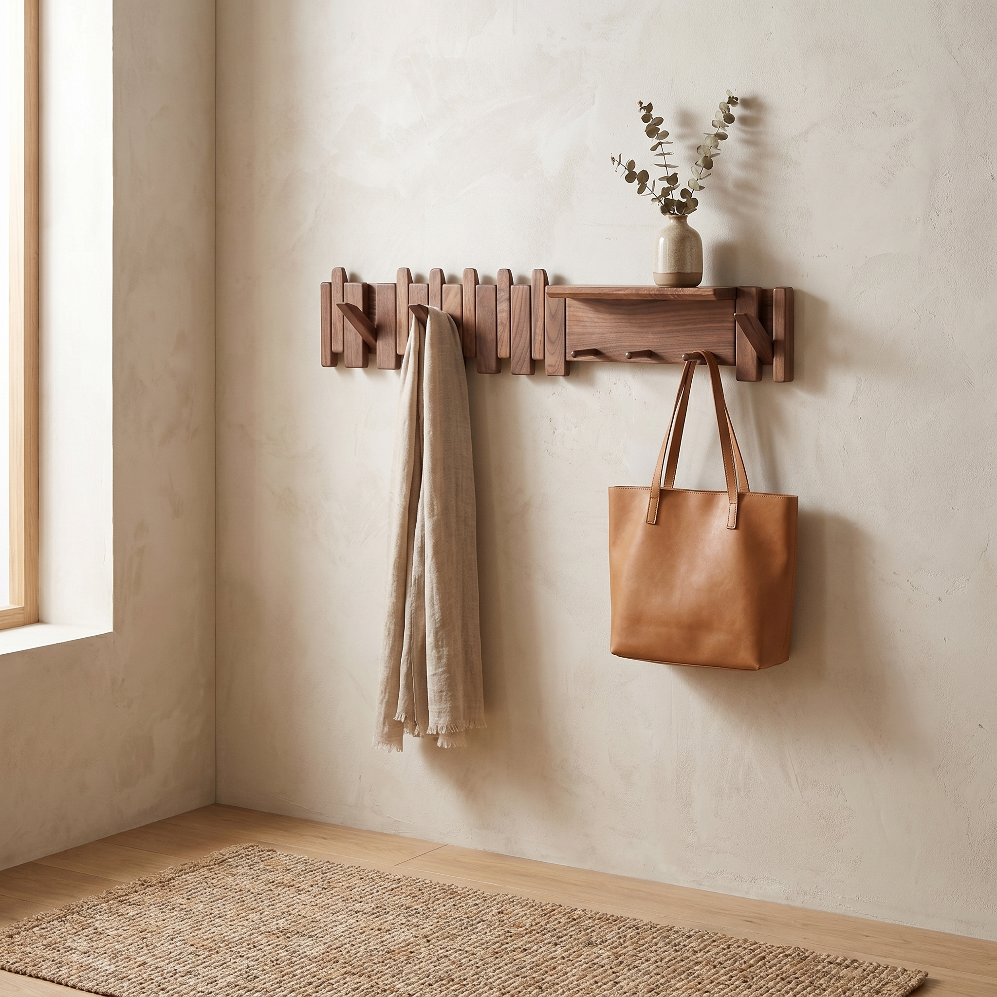 Solid Wood Wall Coat Rack, Piano Key Design, Oak or Walnut, Four Sizes