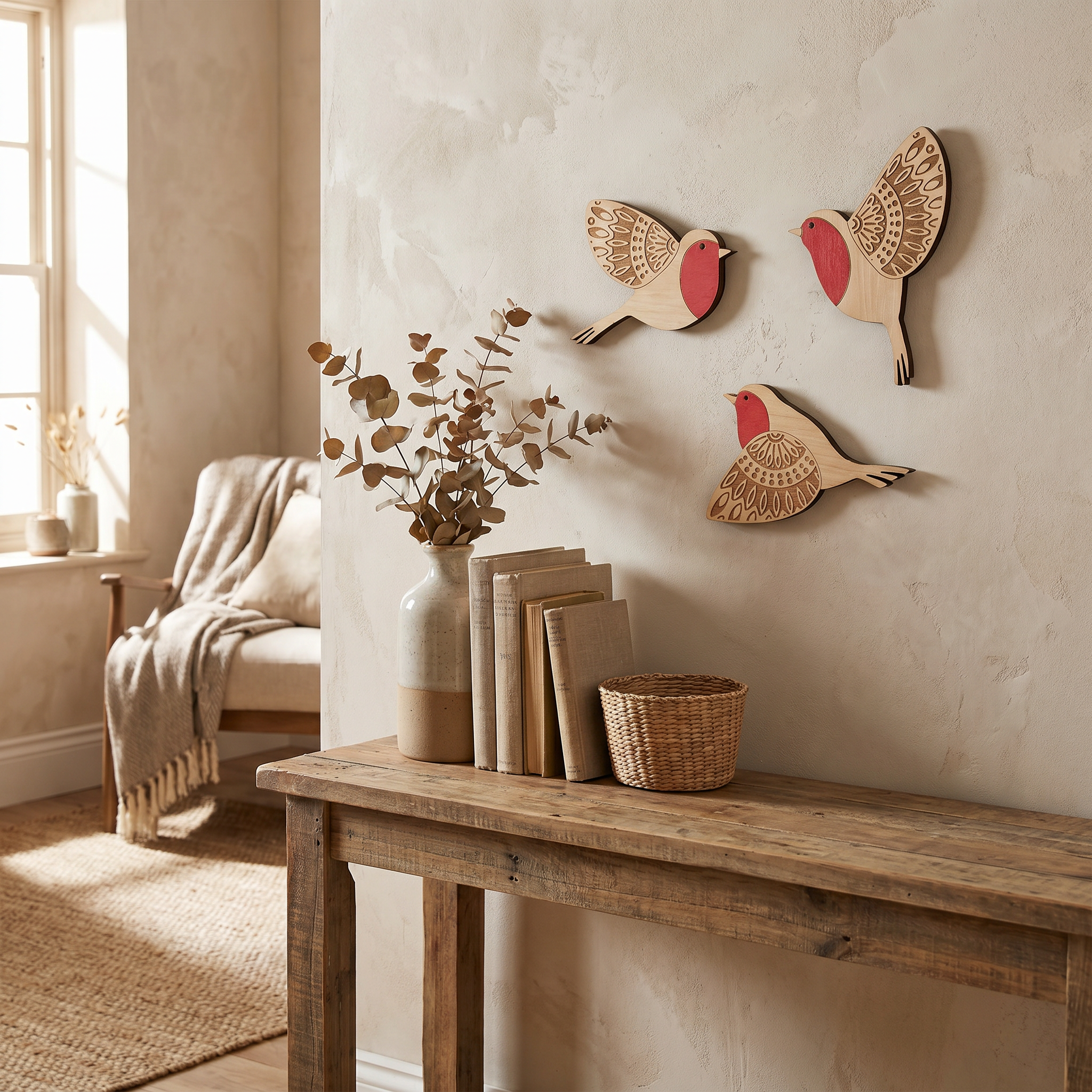 Timber Bird Wall Decor Set, 3mm Solid Wood, Engraved, Flush Wall Mount