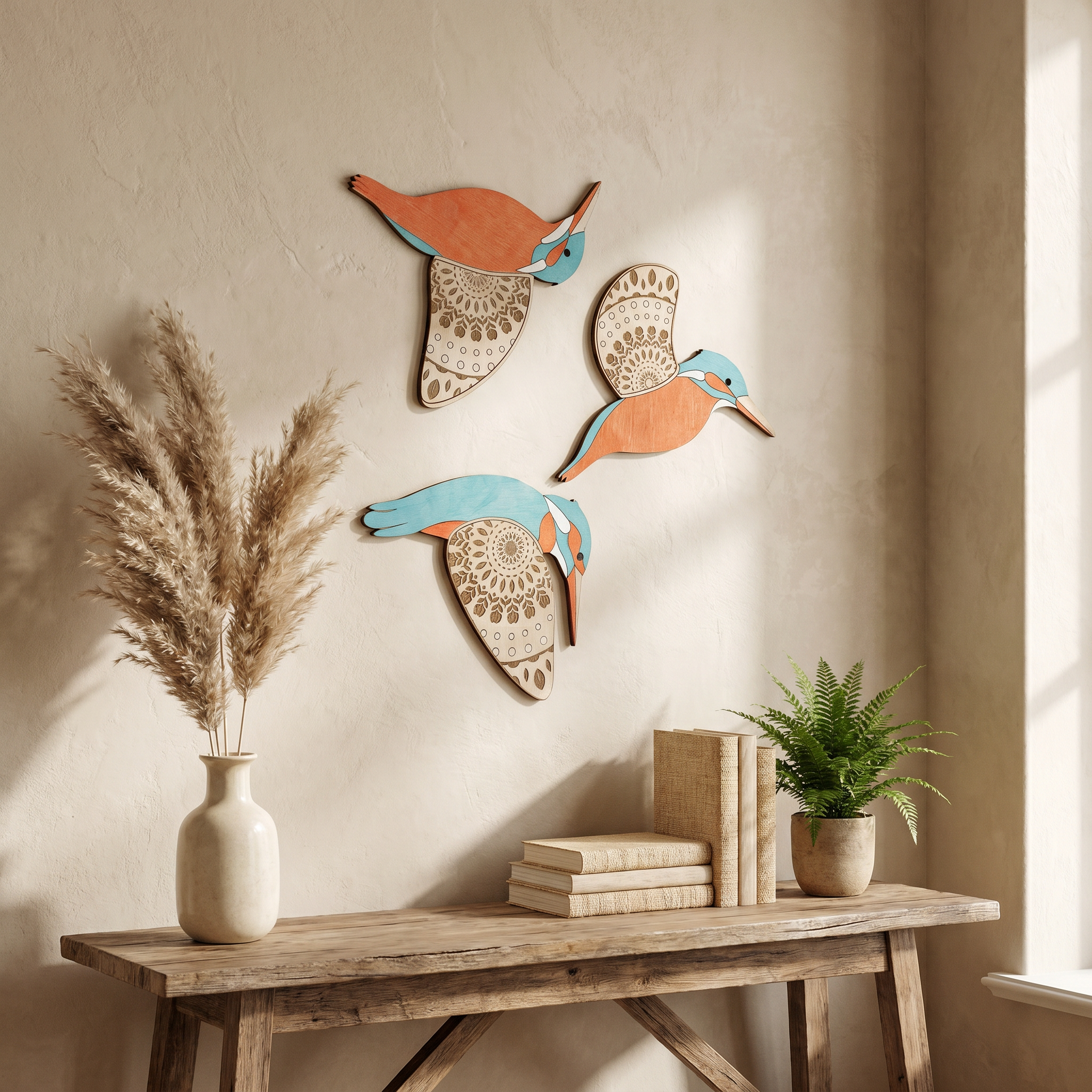 Timber Bird Wall Decor Set, 3mm Solid Wood, Engraved, Flush Wall Mount