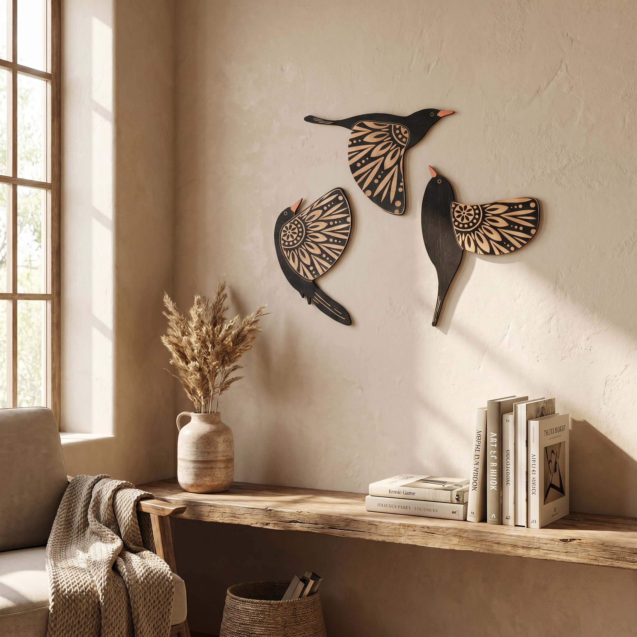 Timber Bird Wall Decor Set, 3mm Solid Wood, Engraved, Flush Wall Mount