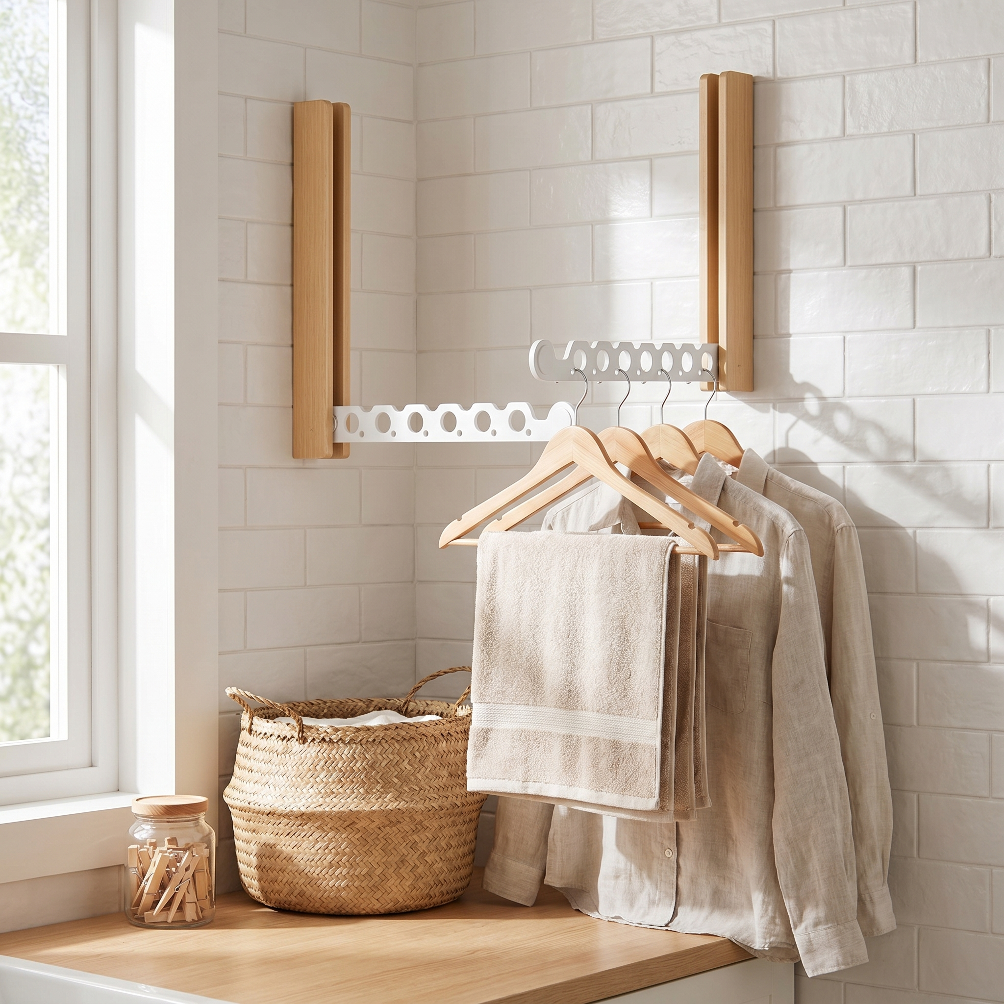 Timber Collapsible Hanger Rail, 27 cm Arm, Folds Flush, Wall Mounted