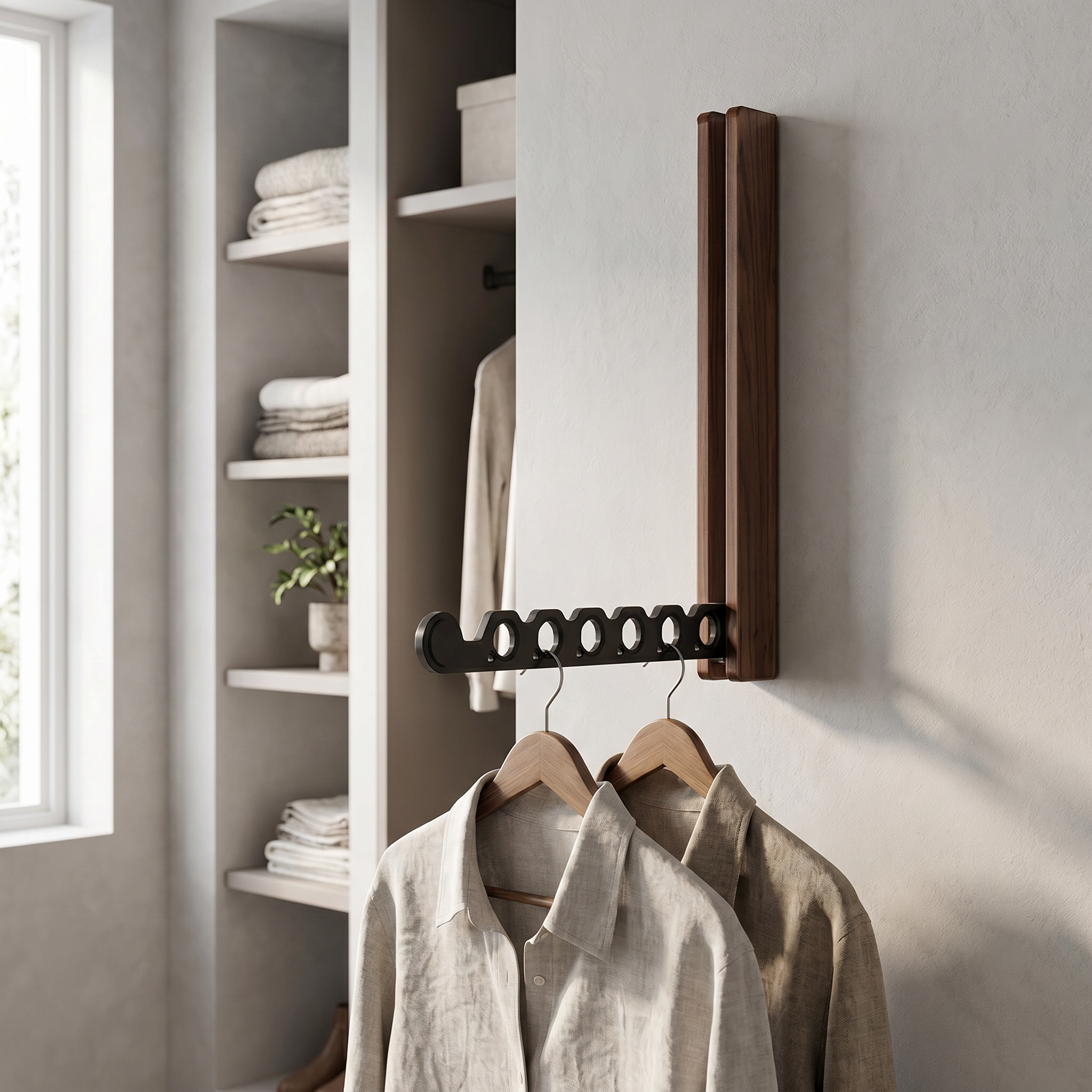 Timber Collapsible Hanger Rail, 27 cm Arm, Folds Flush, Wall Mounted
