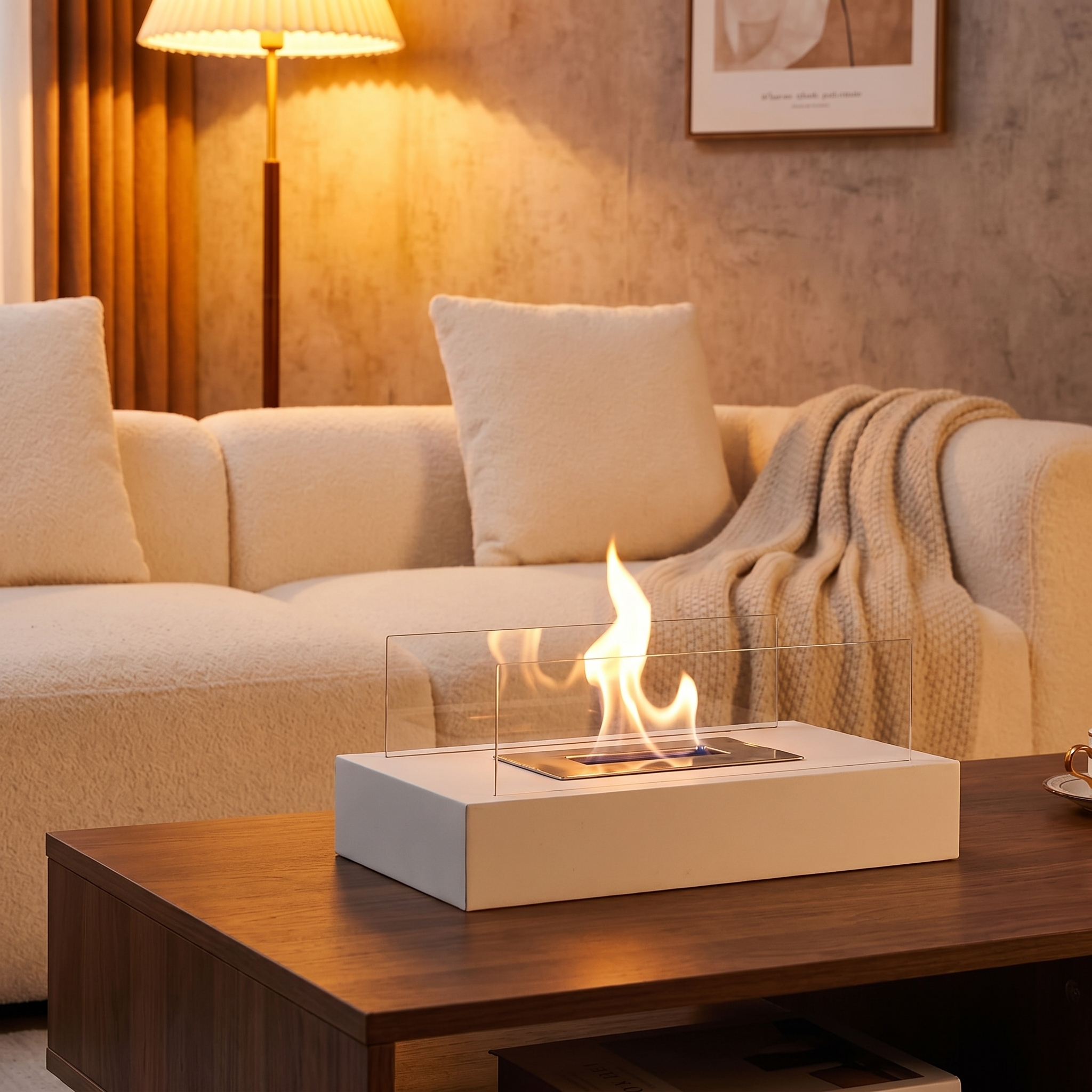 Tabletop Fireplace, Real Flame, Metal and Tempered Glass, Black or White