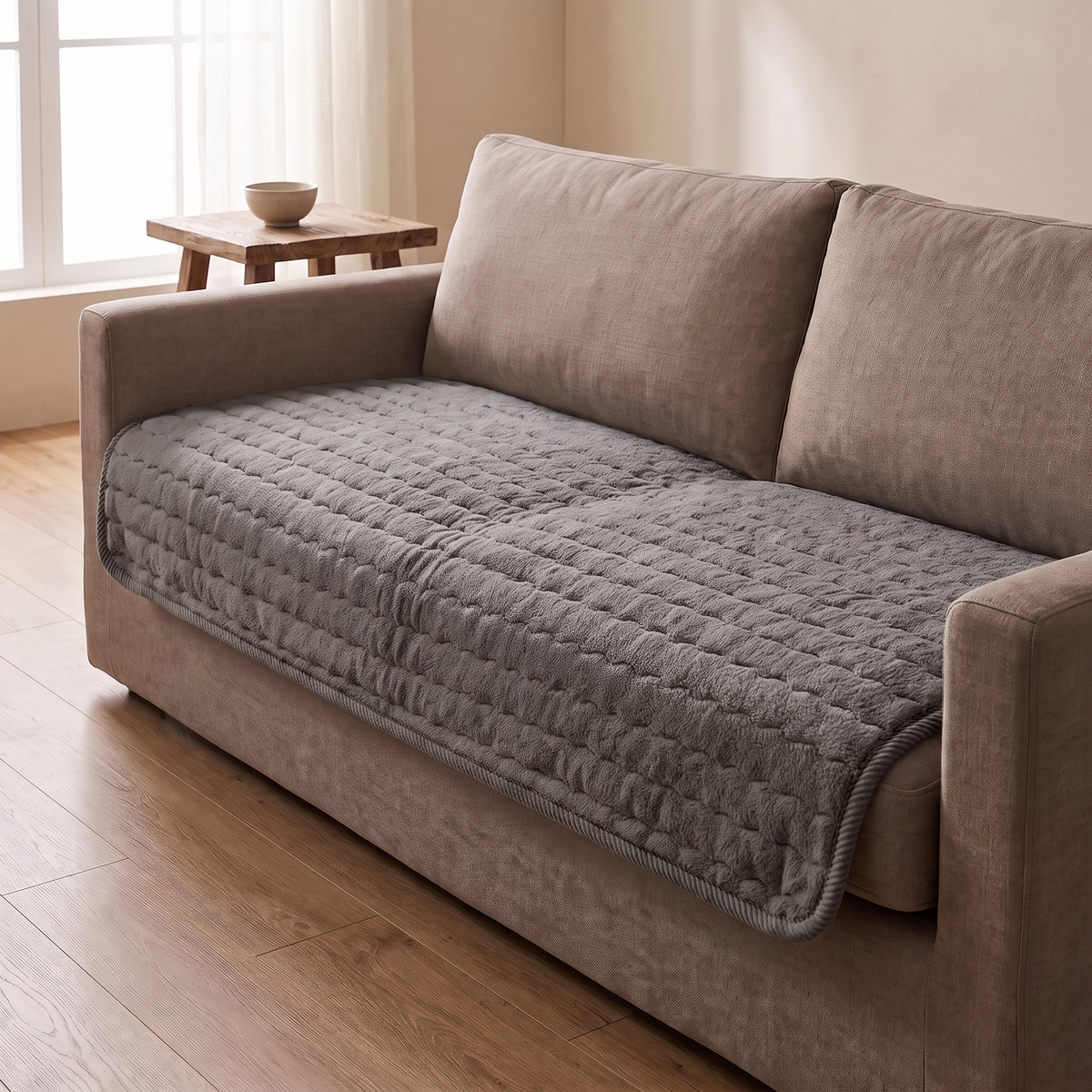 Thick plush sofa cover in charcoal over a taupe linen sofa