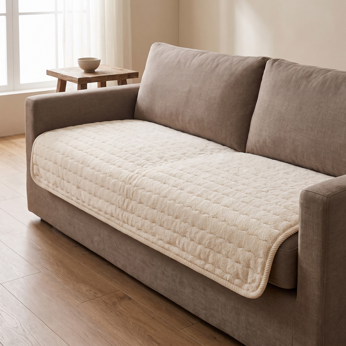 Cream thick plush sofa cover lying over the seat of a taupe linen sofa