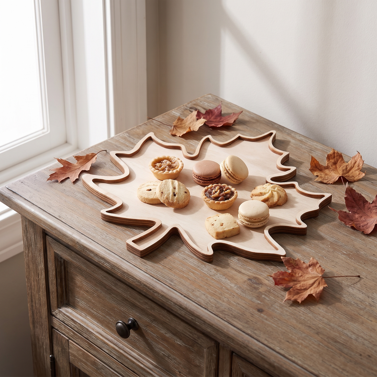 Tilde maple leaf tray with cookies and mini pastries on a wood buffet