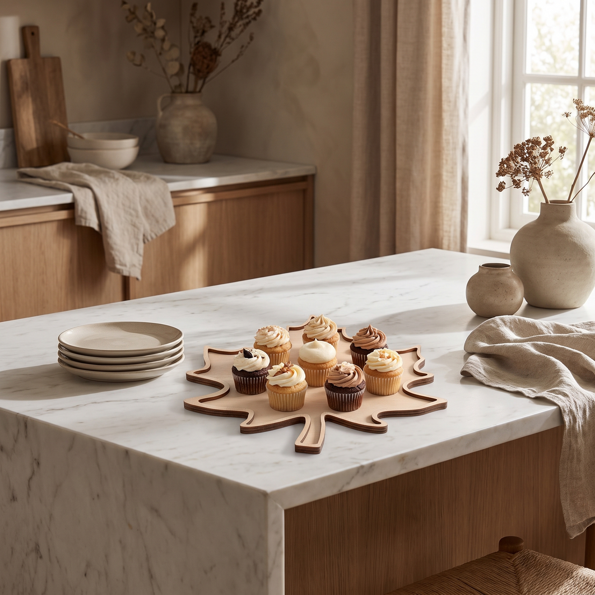 Tilde maple leaf tray with mini cupcakes on a marble kitchen island