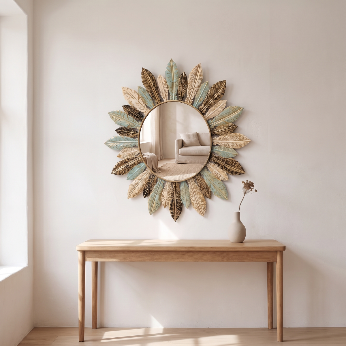 Tinn sunburst mirror with teal, gold, and bronze leaves above an oak console