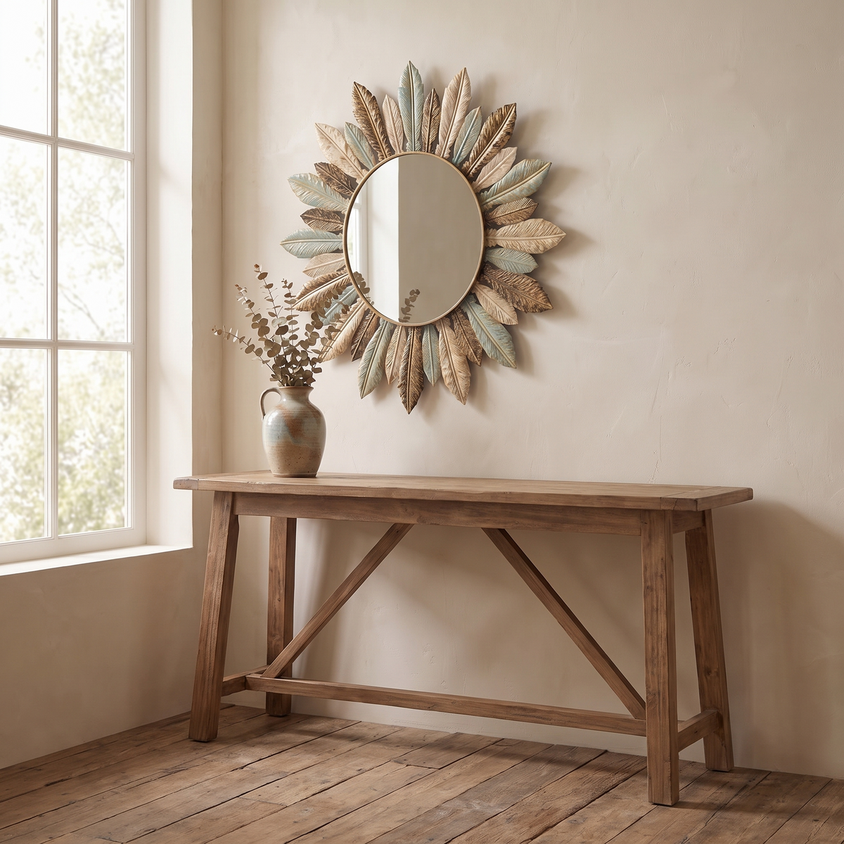 Tinn sunburst mirror on an entryway wall above a console with a vase