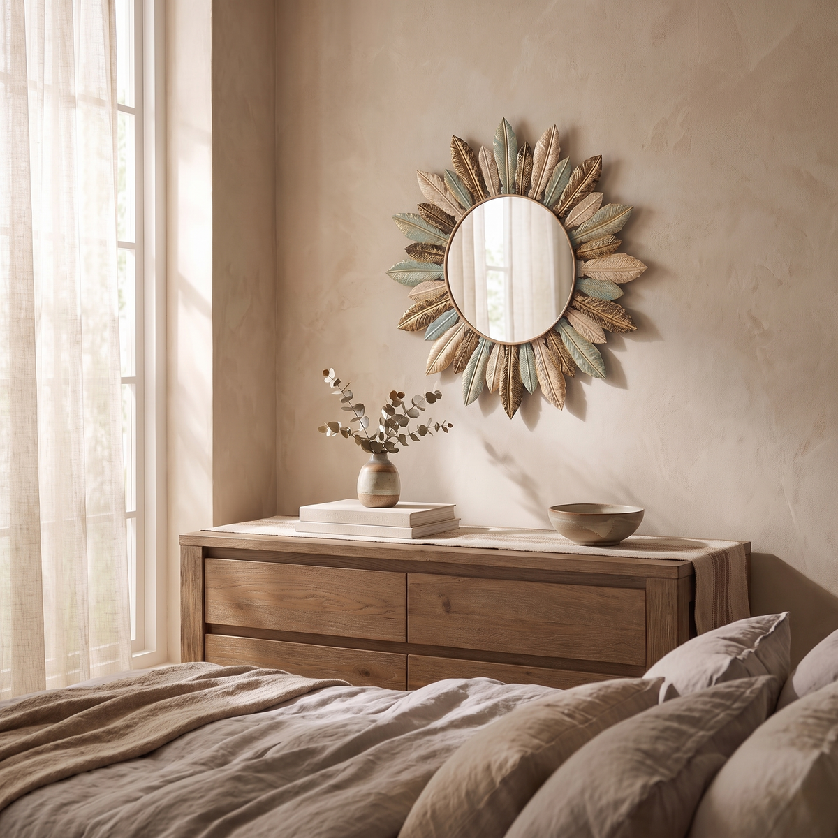Tinn sunburst mirror on a bedroom wall above a dresser
