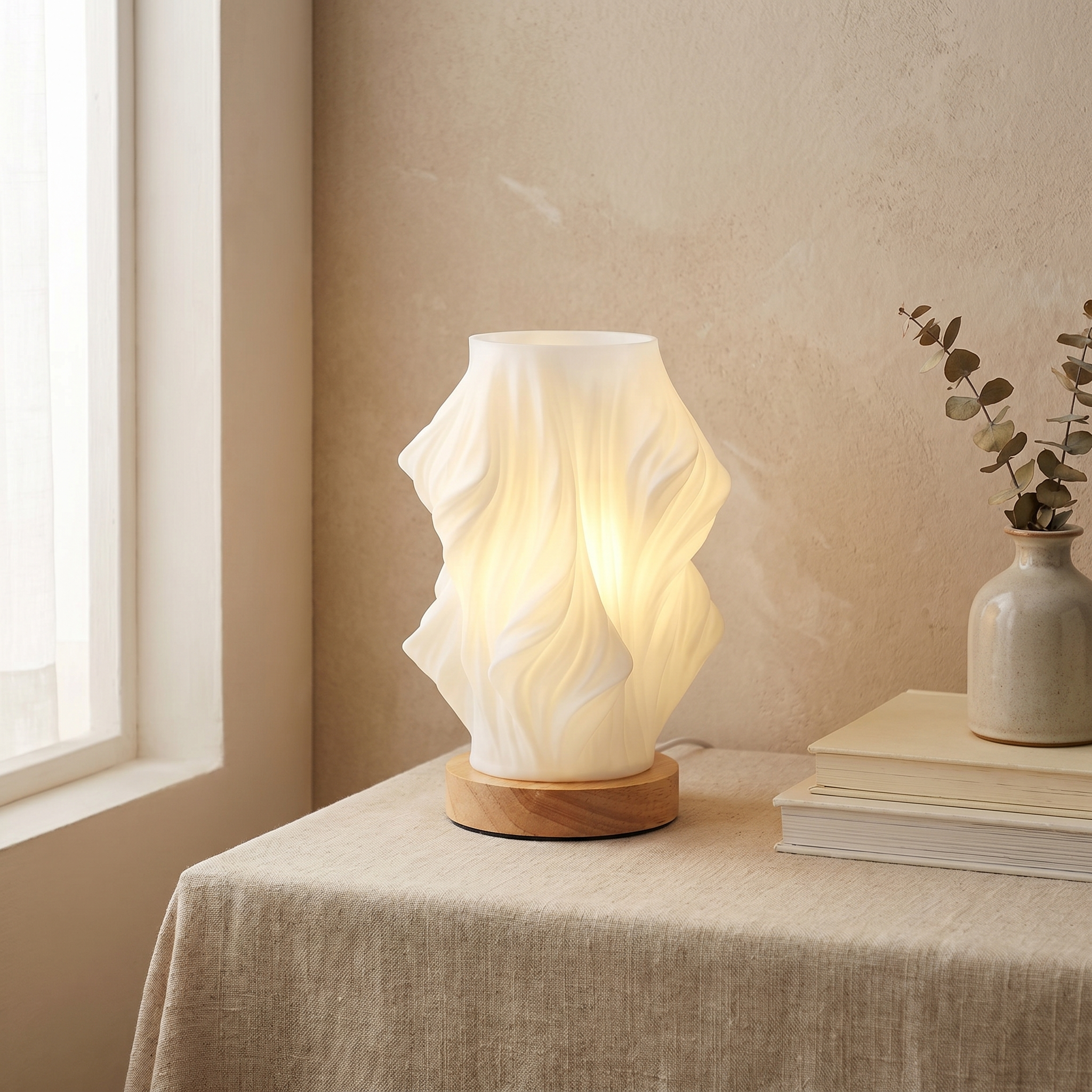 Table Lamp, Shaped Shade, Wood Base, Three-Step Dimmable, USB