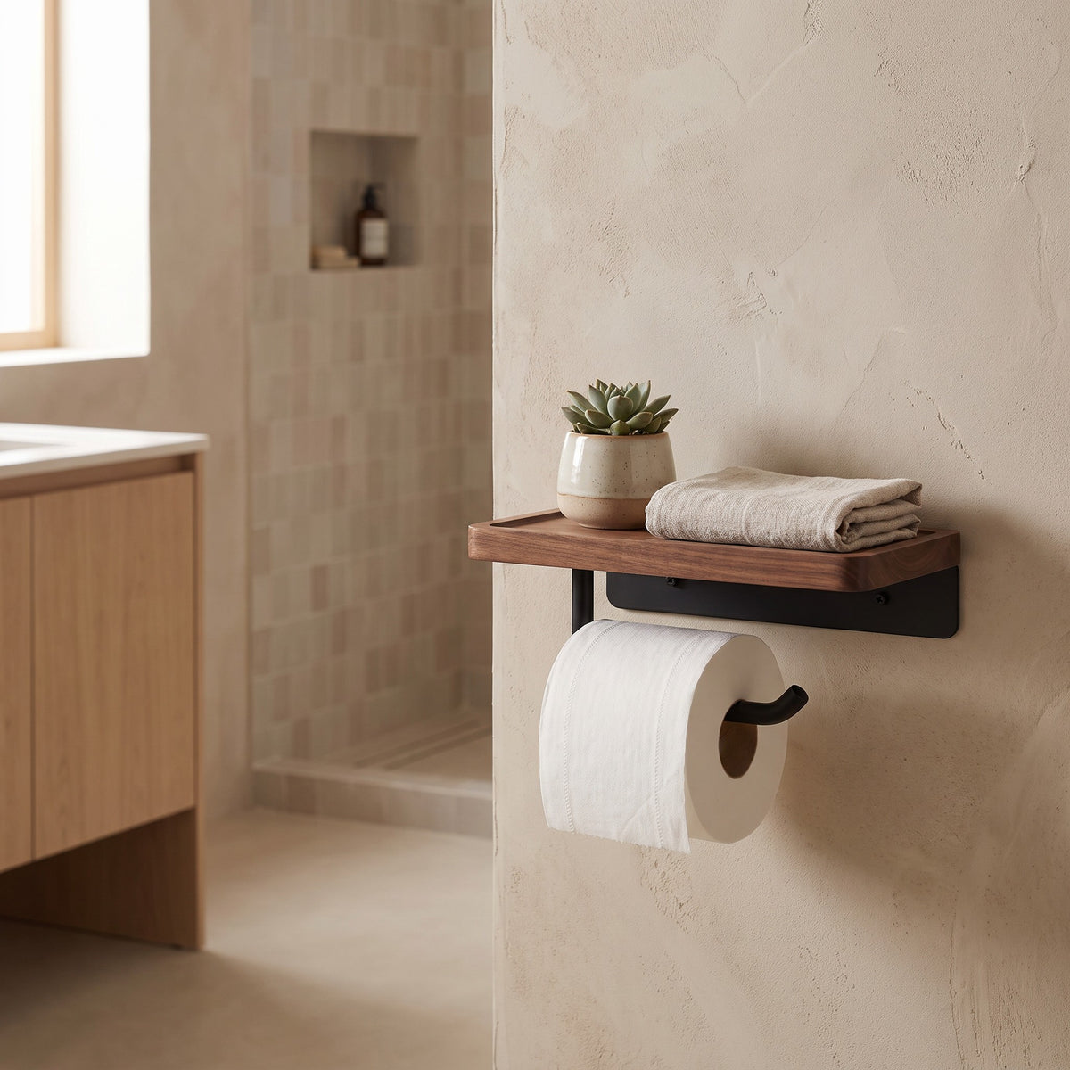 Bamboo shelf above the roll holding a small plant and a folded towel