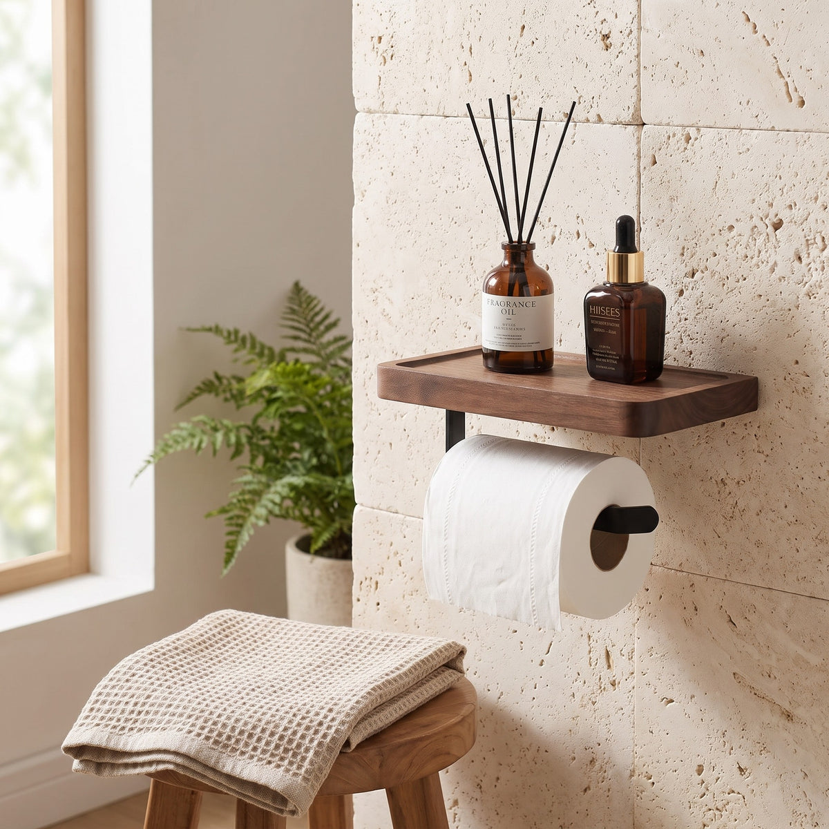 Toilet paper holder with bamboo shelf holding diffuser bottles beside a window