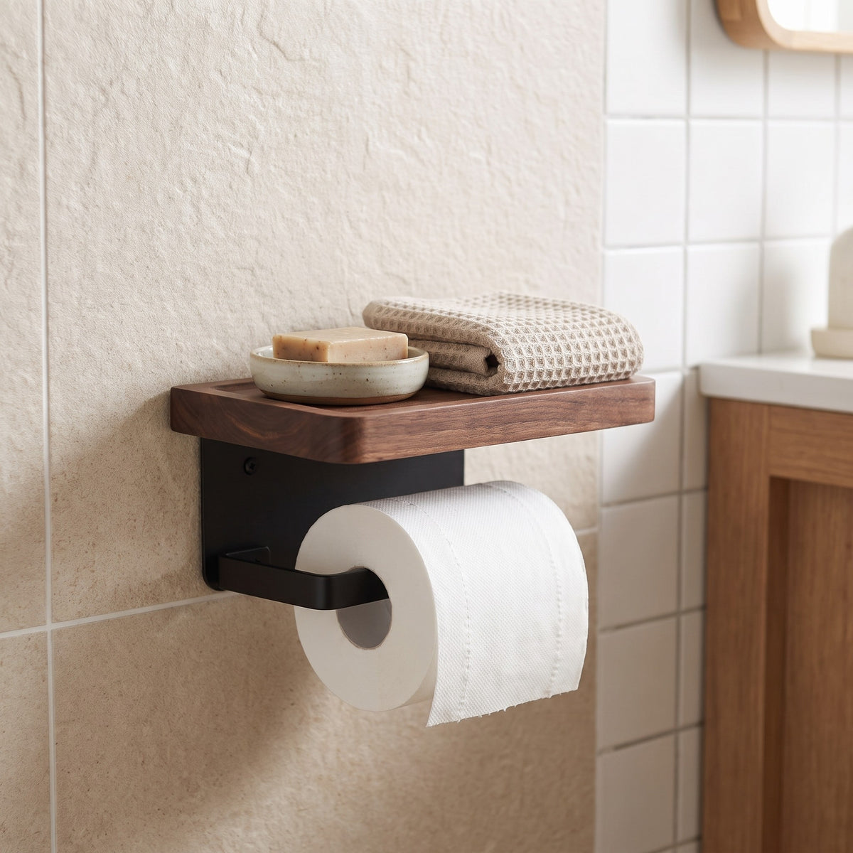 Toilet paper holder with bamboo shelf holding soap and a towel on a tiled bathroom wall