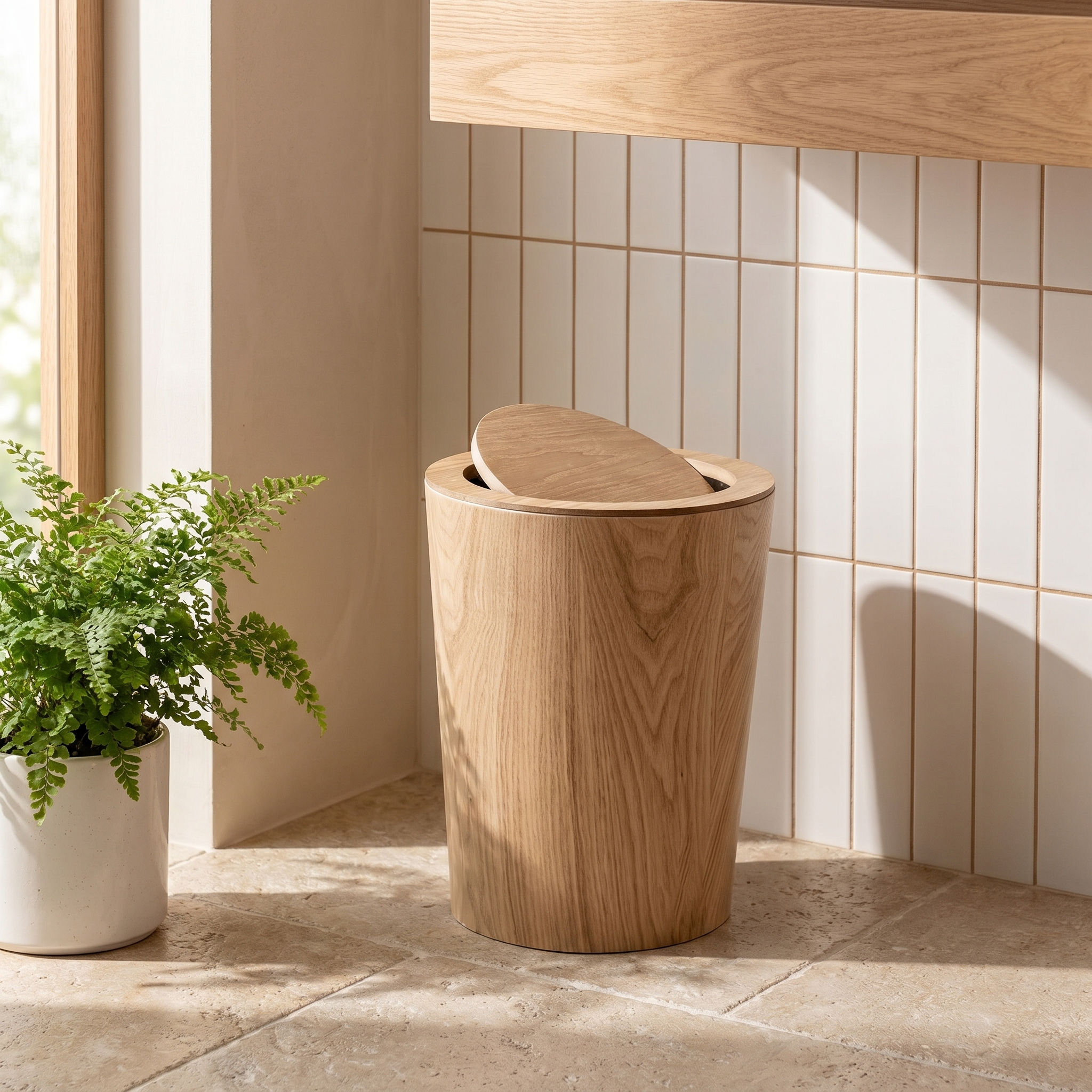 Timber-Style Rotating Waste Bin, Wood Grain, 360° Lid, 12'' x 9.5''