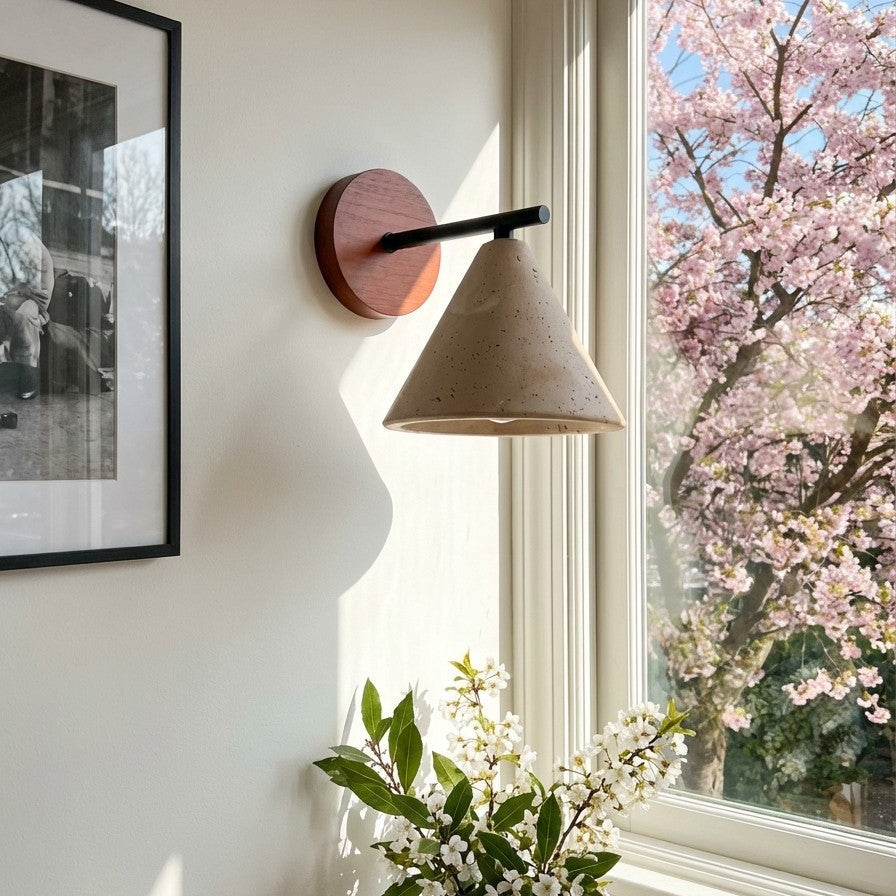 Tapered Travertine Cone Wall Sconce, Dimmable