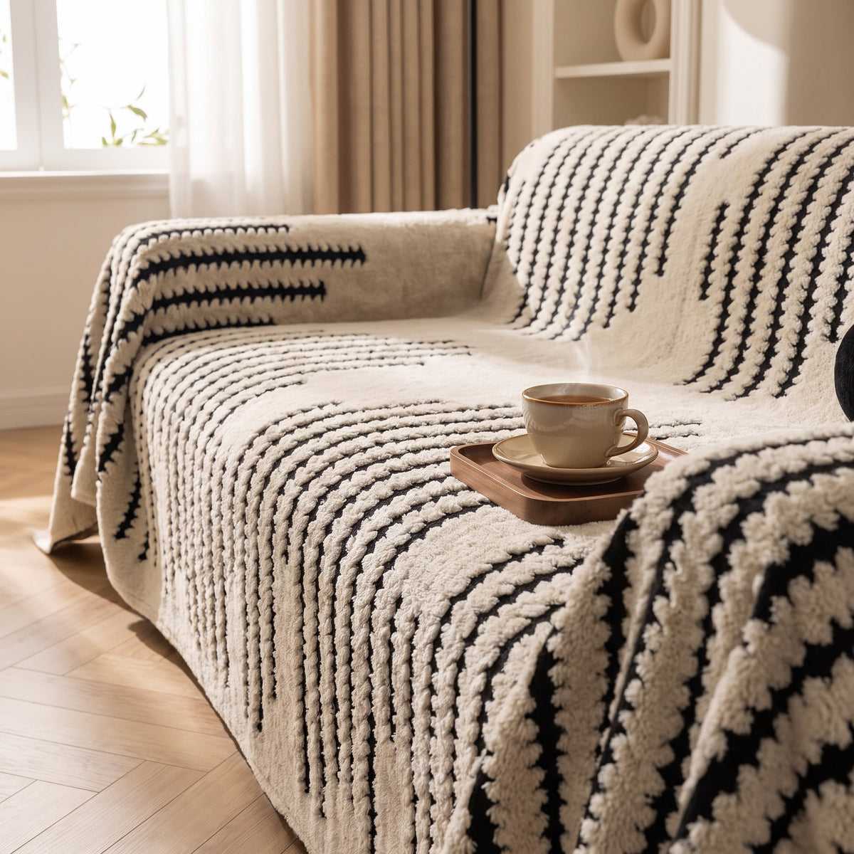 Sofa Cover in Ivory on a sofa, raised tufted rows