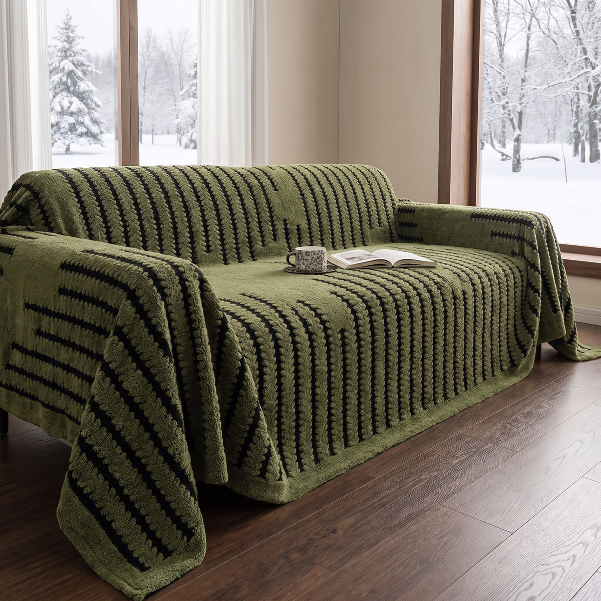 Sofa Cover in Moss Green on a sofa, warm through winter