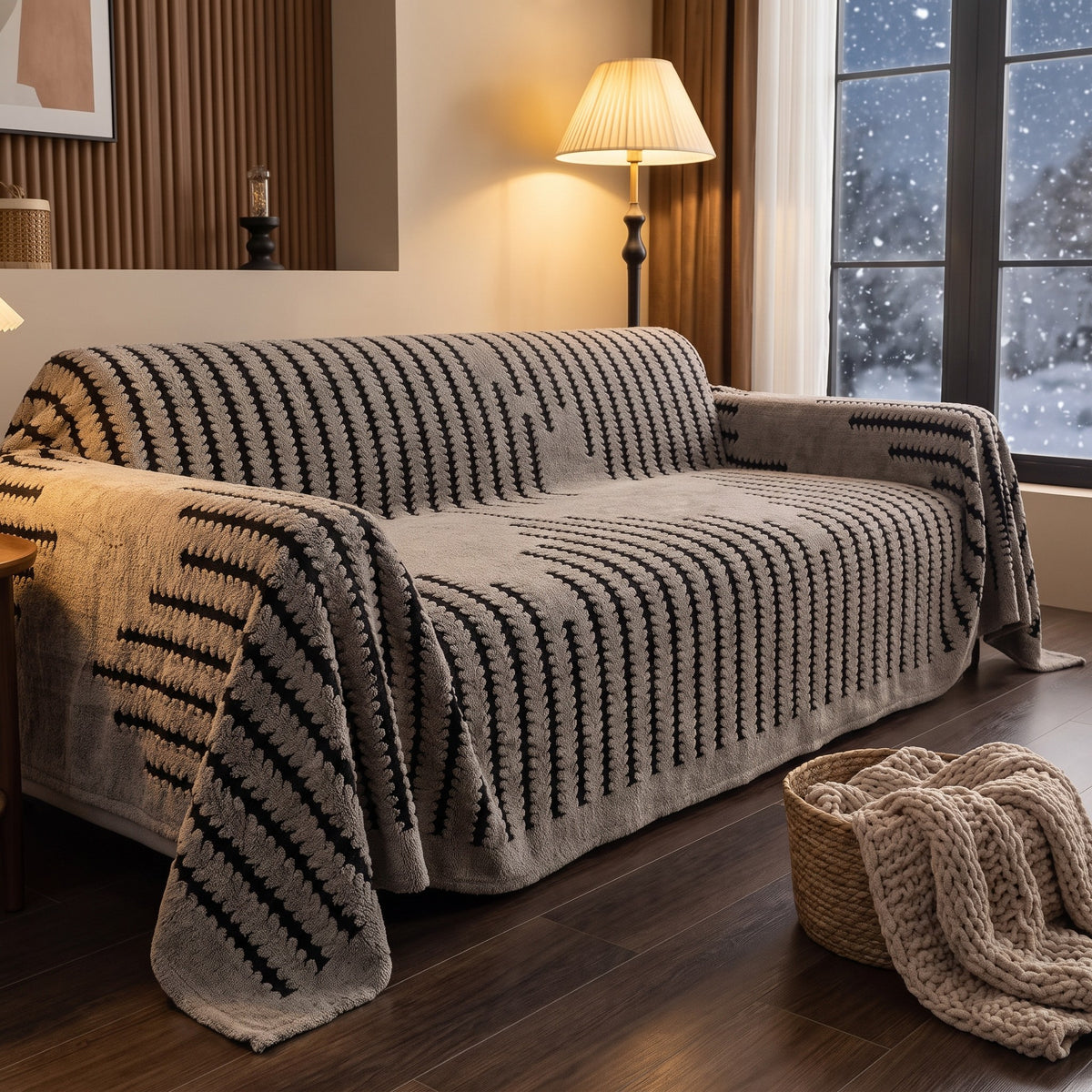 Sofa Cover in Taupe on a sofa in a lived in room