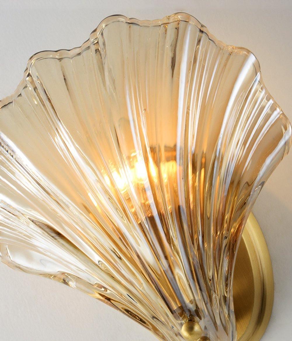 Close up of the ribbed amber glass lit from inside