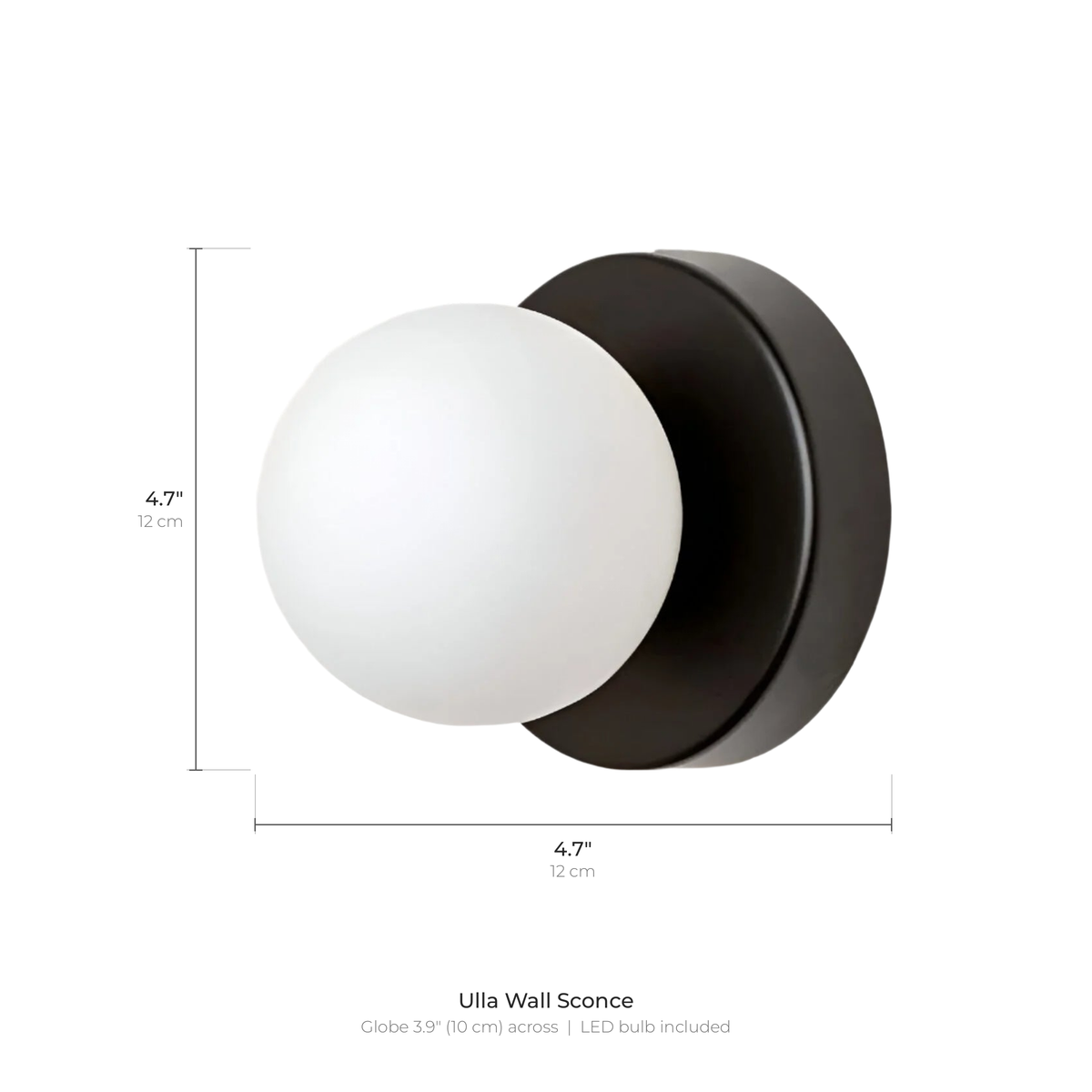 Ulla wall sconce dimensions: 4.7 inches (12 cm) tall and wide, globe 3.9 inches (10 cm) across