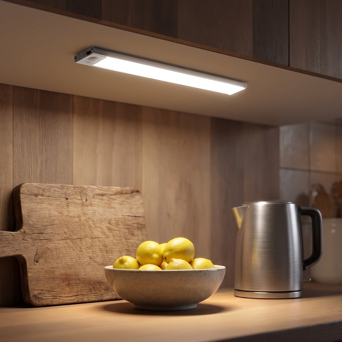 Under cabinet light in silver lighting a kitchen counter at night