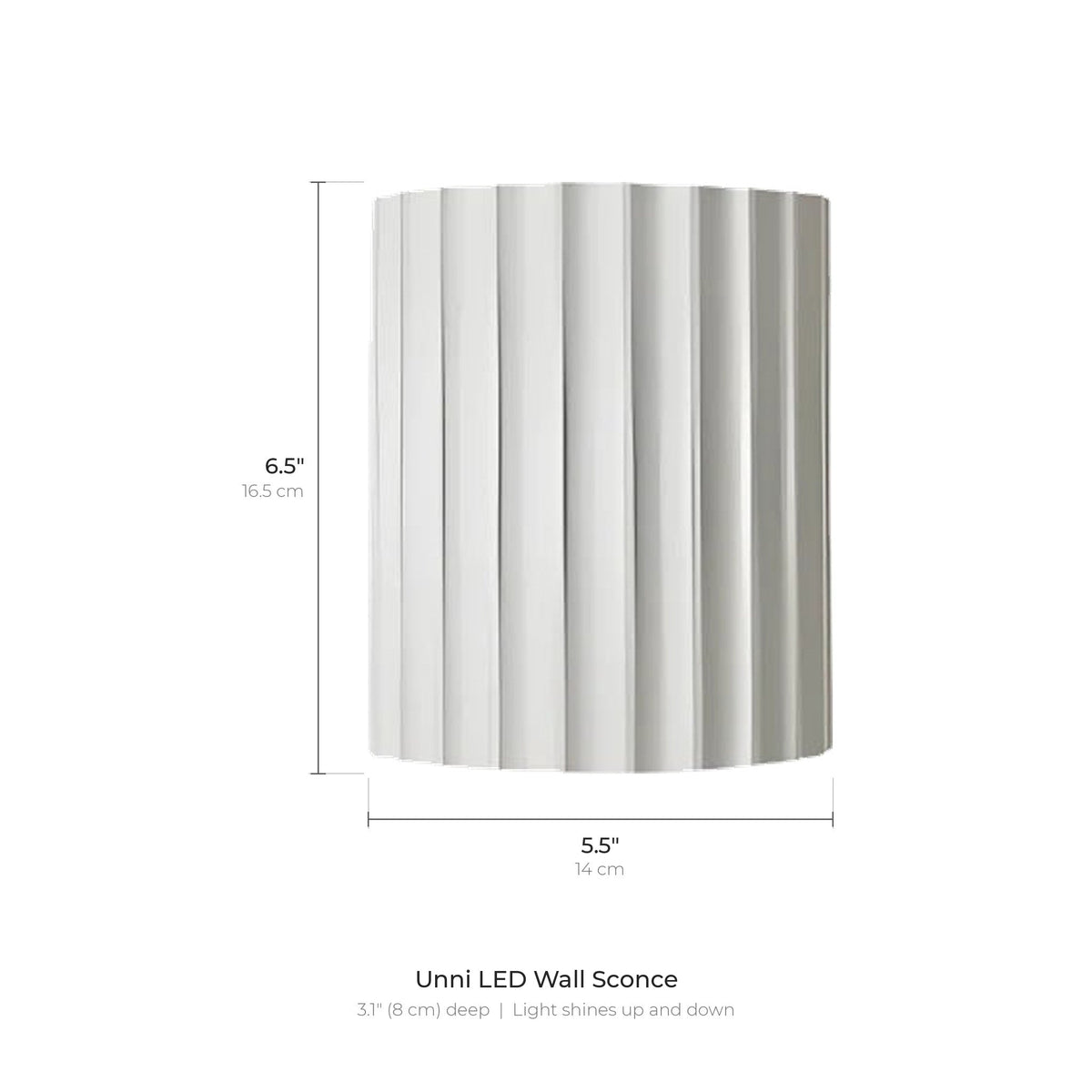 Unni LED wall sconce dimensions: 6.5 inches tall, 5.5 inches wide, 3.1 inches deep