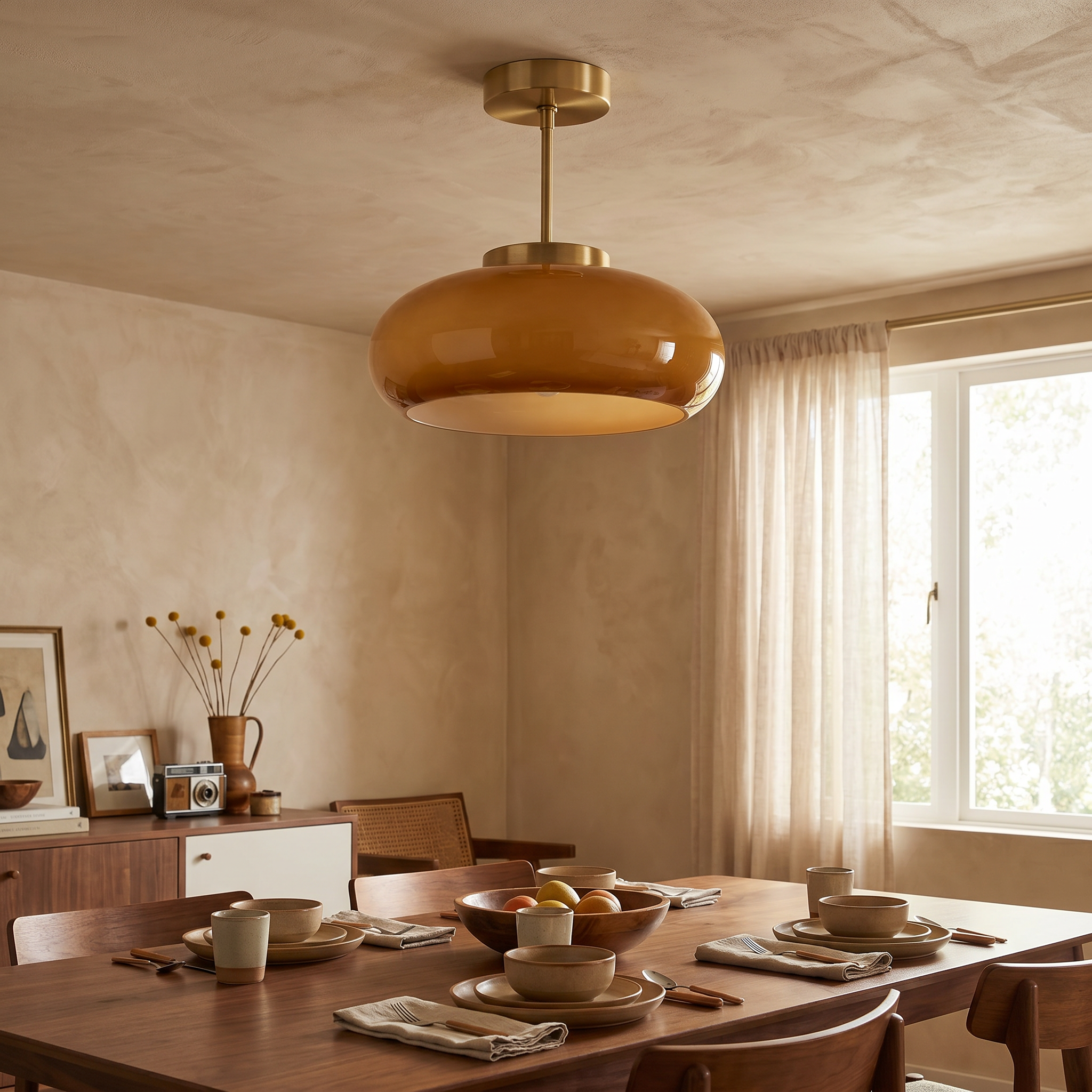 Vintage Brass Yellow Glass Semi-Flush Ceiling Light, E26, 28cm, Hardwired