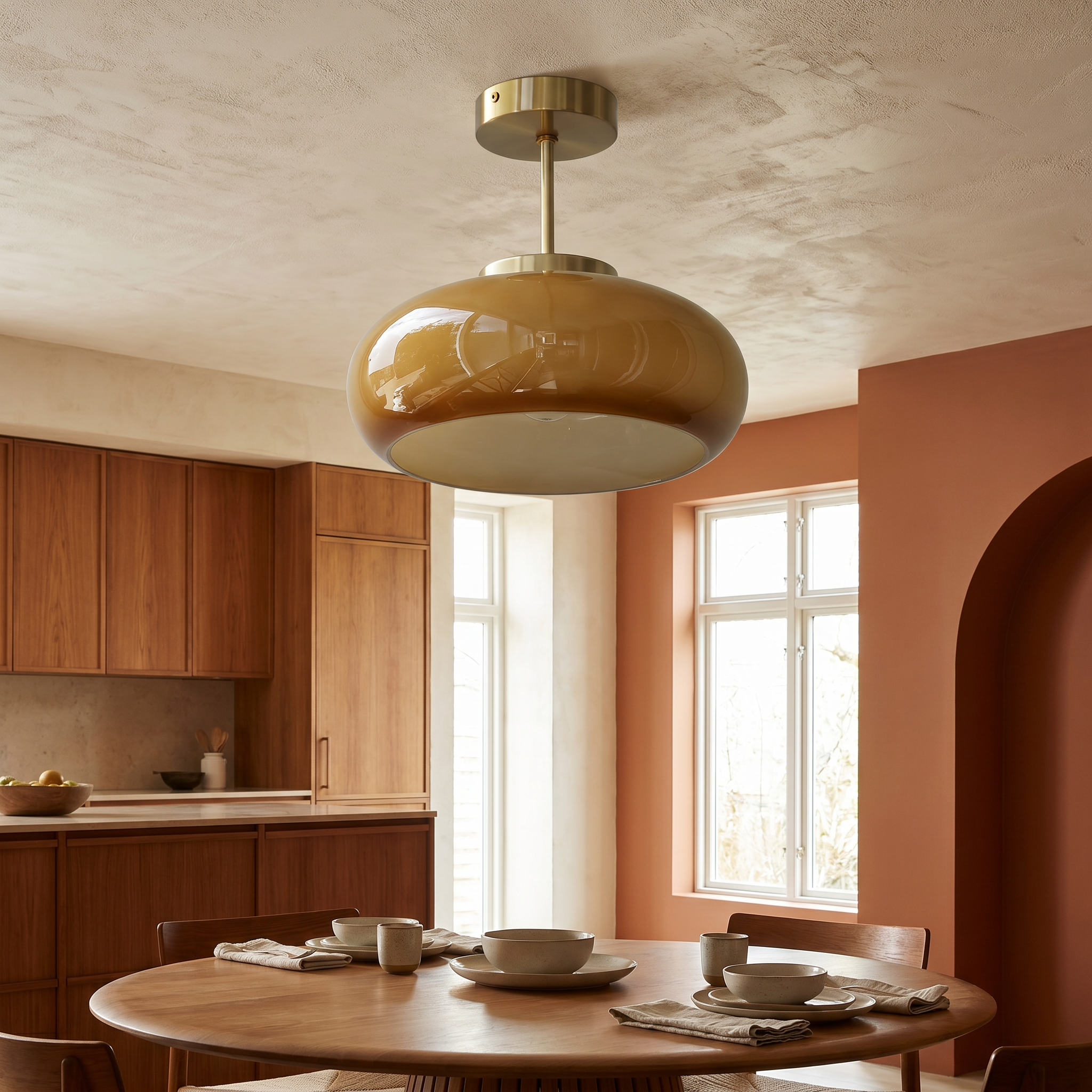 Vintage Brass Yellow Glass Semi-Flush Ceiling Light, E26, 28cm, Hardwired