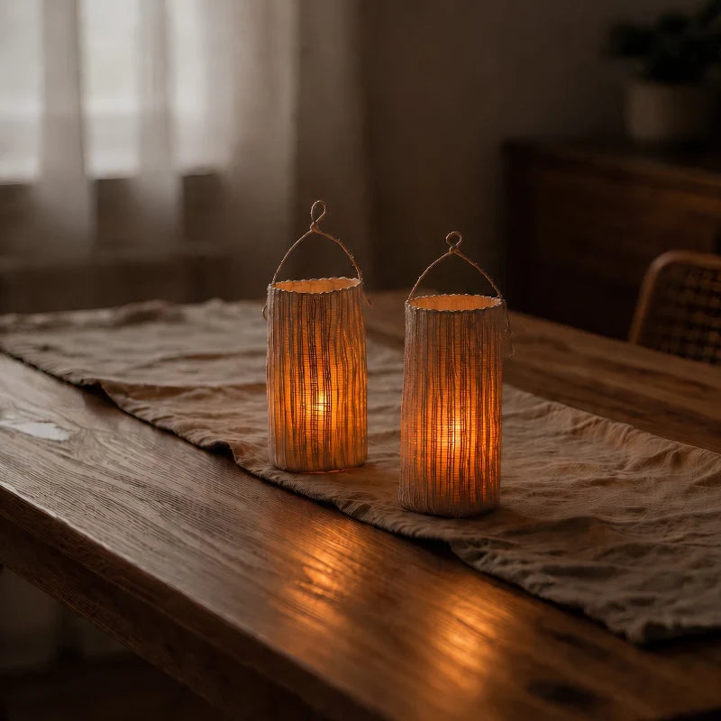 Two Vejle woven lanterns glowing on a table runner