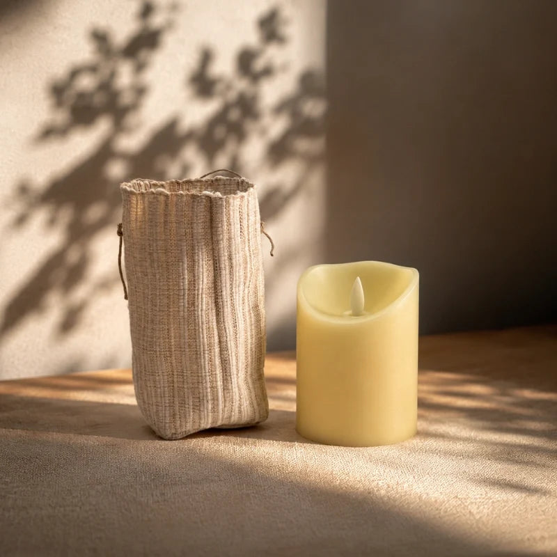 Vejle woven shade beside its flameless LED candle