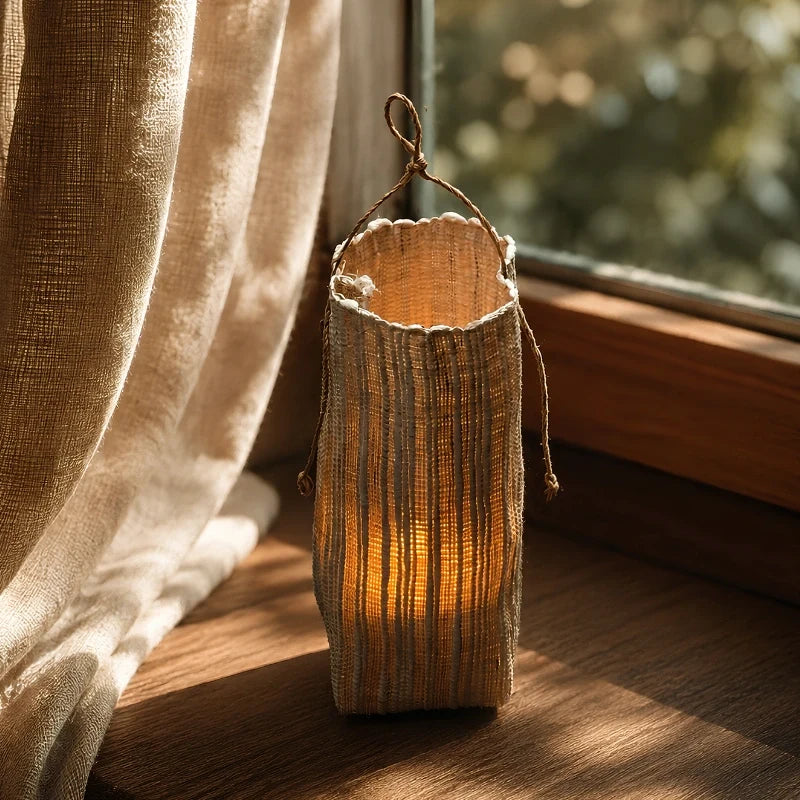 Vejle lantern on a sunny windowsill beside a linen curtain