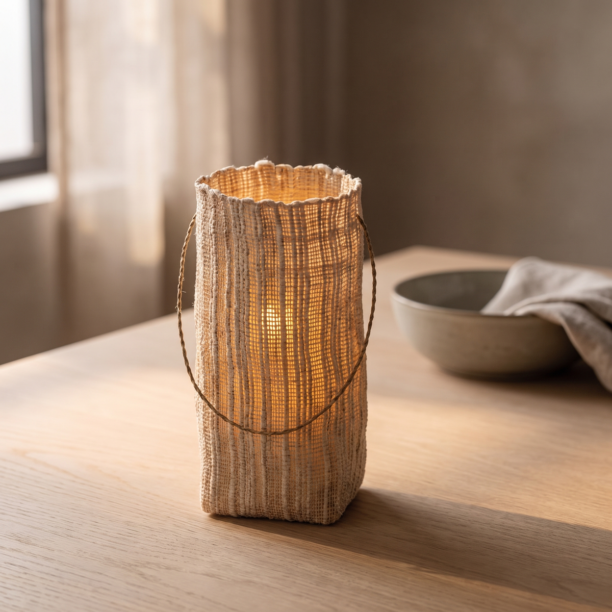 Vejle woven lantern glowing on an oak dining table