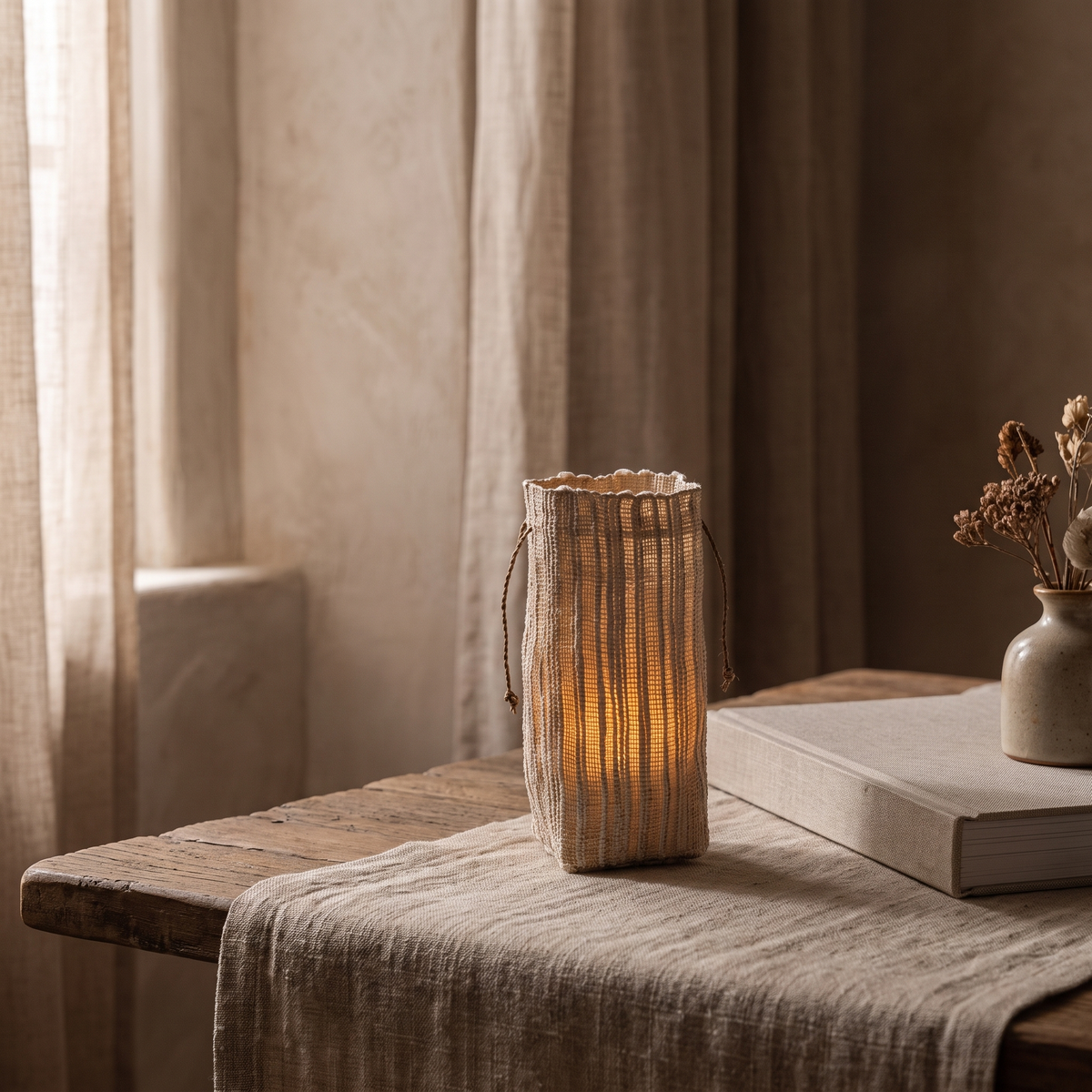 Vejle woven lantern glowing on a linen table runner