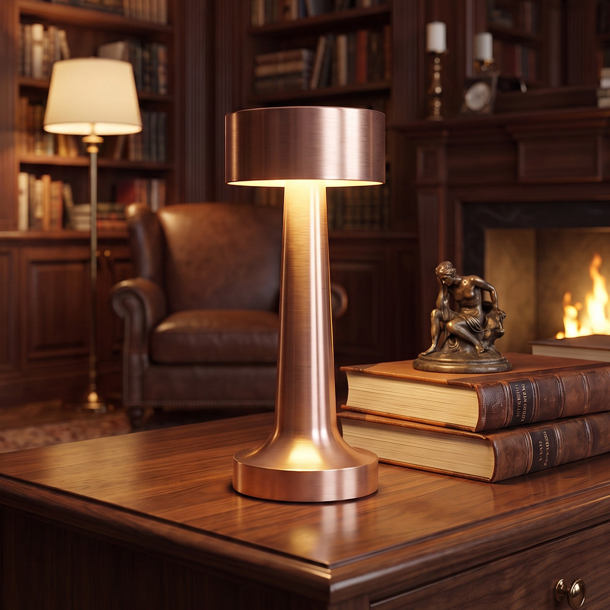 Venla table lamp in Rose Gold on a side table in a wood paneled study