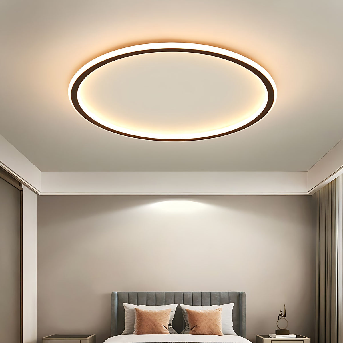 Viivi LED ceiling light in a bedroom, glowing ring