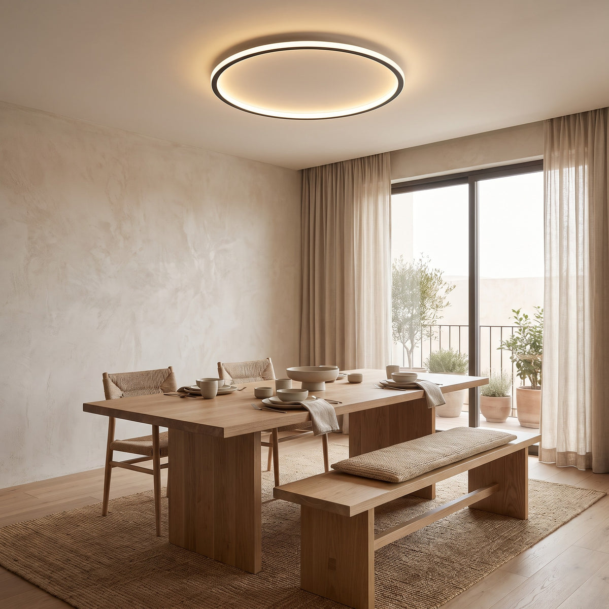 Viivi LED ceiling light lighting a living room with a gray sofa
